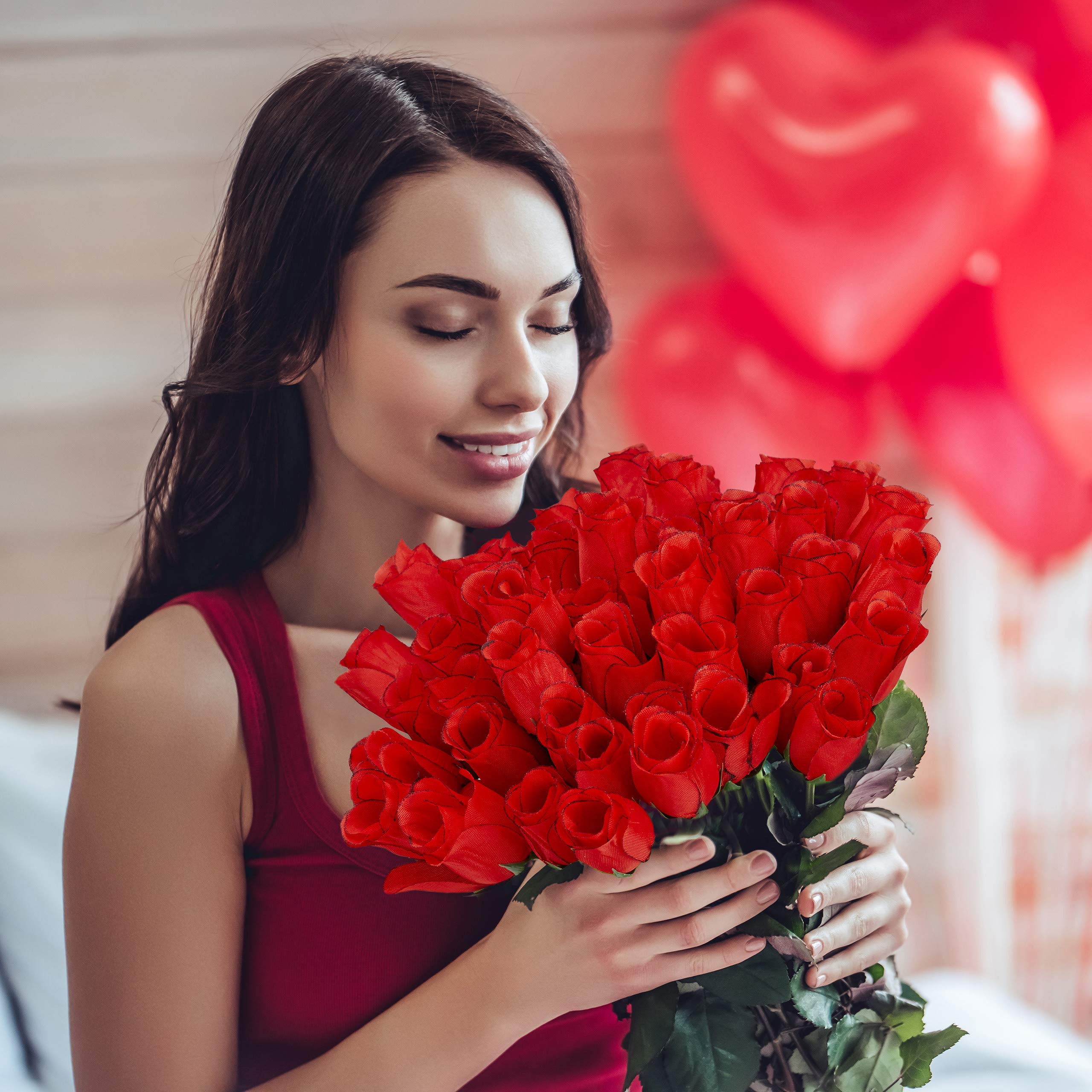 Relaxdays Künstliche Rosen, 288 Stück Künstliche Blumen mit Stiel und Blättern, Geschenk, Hochzeit, Höhe 26 cm, Rot