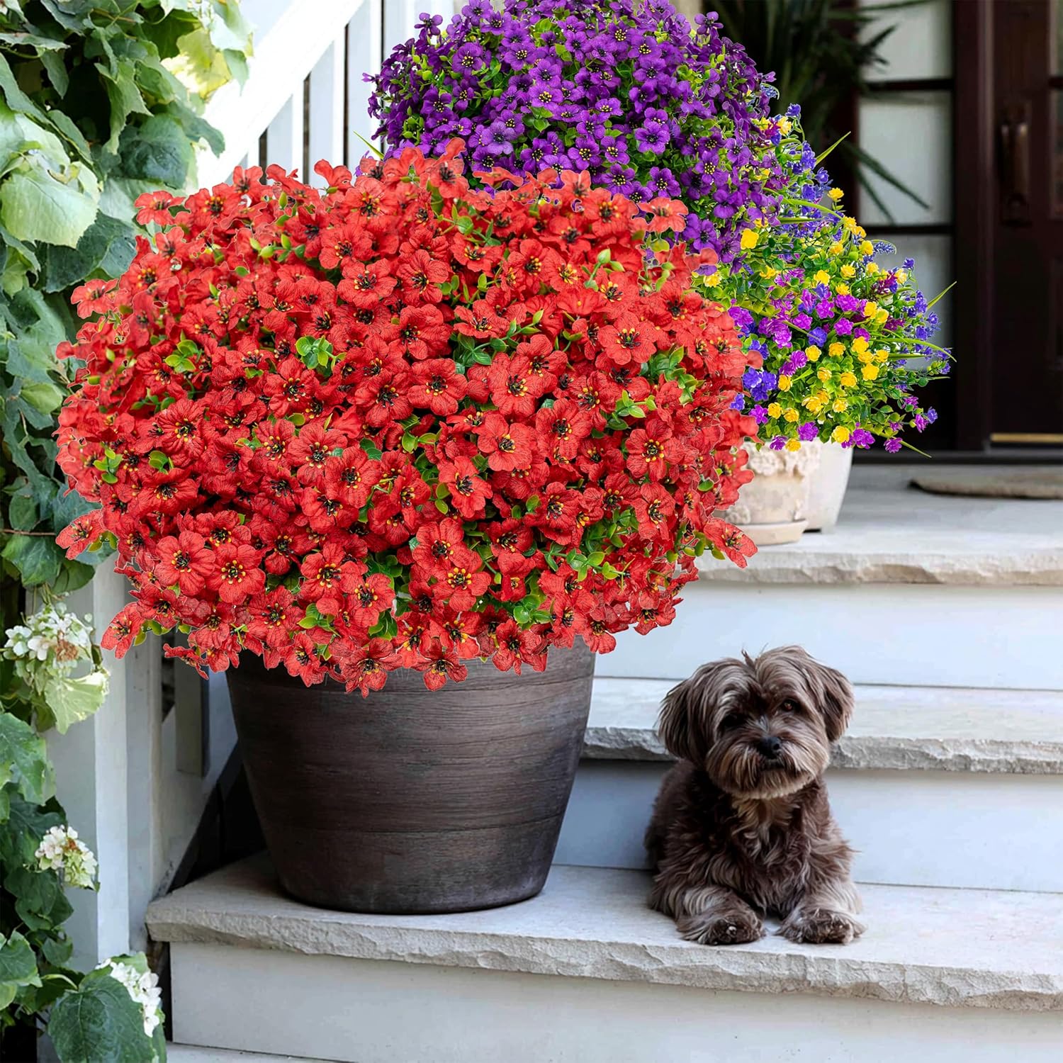 AXYLEX Artificial Flowers for Outdoors Fake Plants - 16 Bundles Faux Outside Greenery Boxwood No Fade Plastic Shrubs Fall Decor Farmhouse Home Garden Thanksgiving Mums (PureRed)
