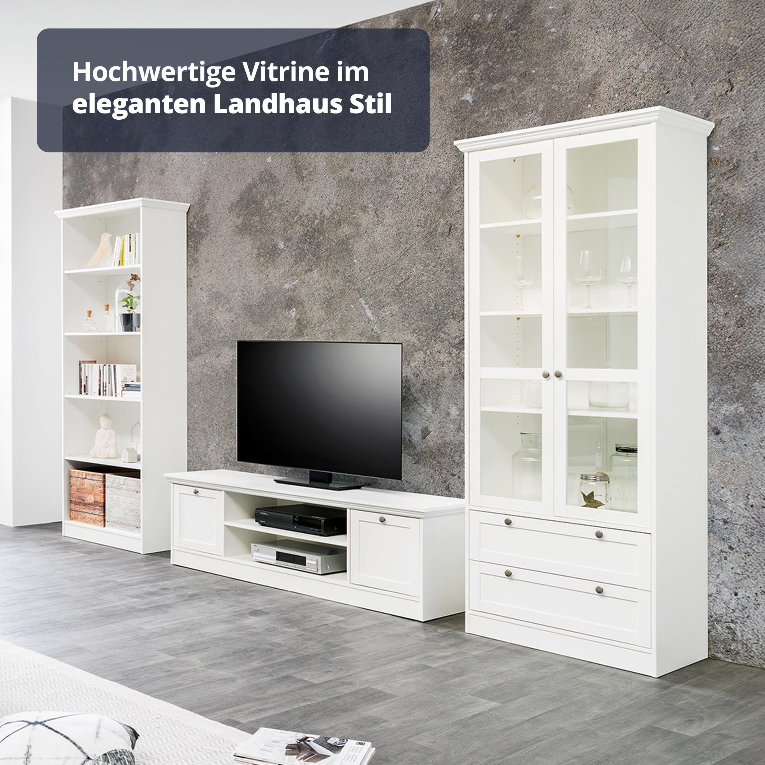 KHG Vitrine weiß 2 Drehtüren mit Glaseinsatz 2 Schubkästen 3 höhenverstellbare Einlegeböden Holzwerkstoff beschichtet Landhaus Stil