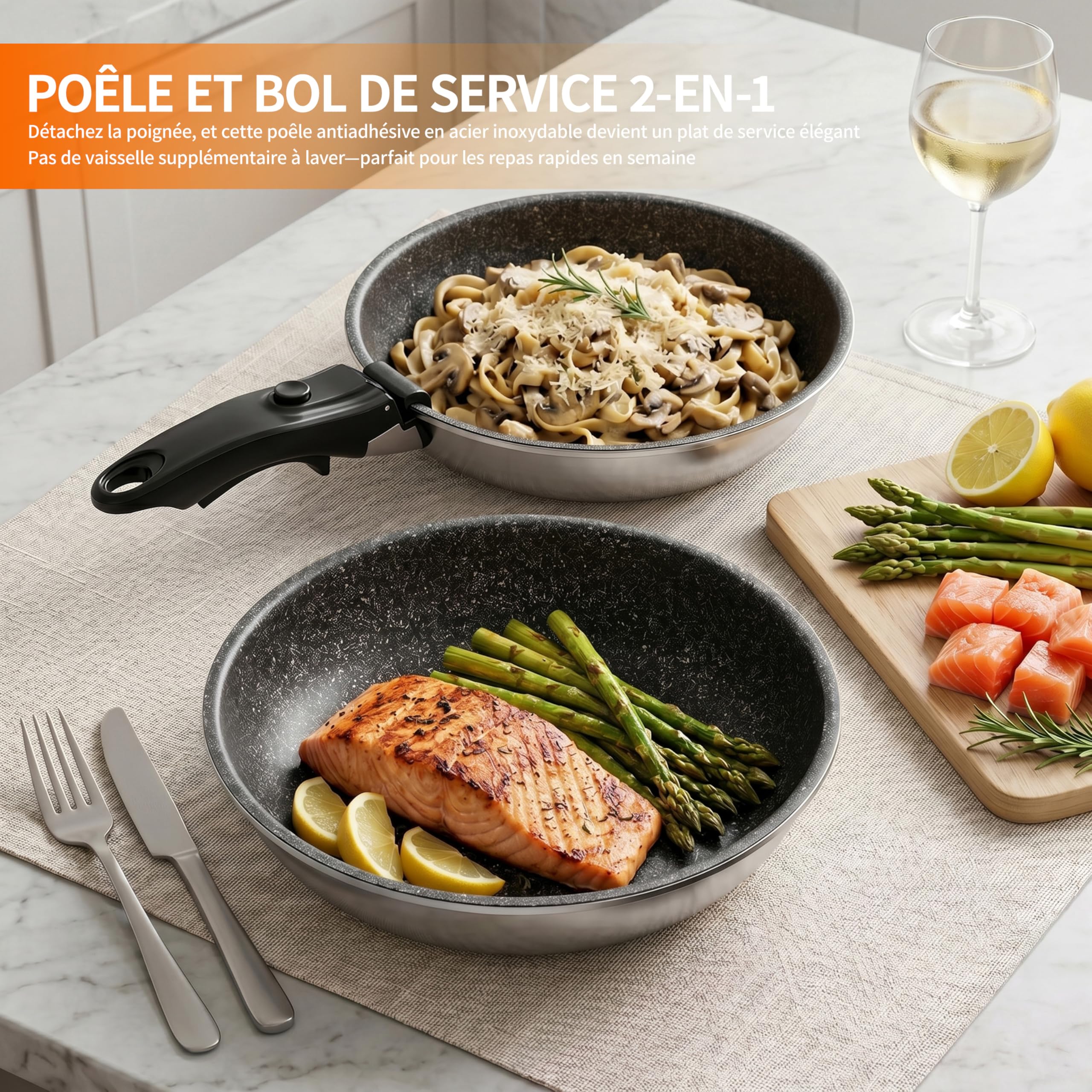 Kiseely Set of 3 Removable Stainless Steel Frying Pans with Cold Handle and Removable Handle, Non-Stick Coating, Suitable for Induction & Oven, Dishwasher (SW2)