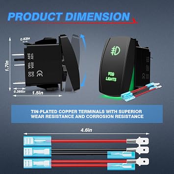 MICTUNING LS081601 Fog Lights 5Pin Rocker Switch 20A/12V Green LED Light On/Off SPST Switch with Jumper Wires for Cars Trucks Marine Boat