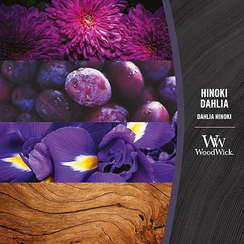 Vista 4 de WoodWick Hinoki Dahlia - Vela mediana en frasco, con forma de reloj de arena, cera de mezcla de soja prémium, mecha de madera Pluswick Innovation