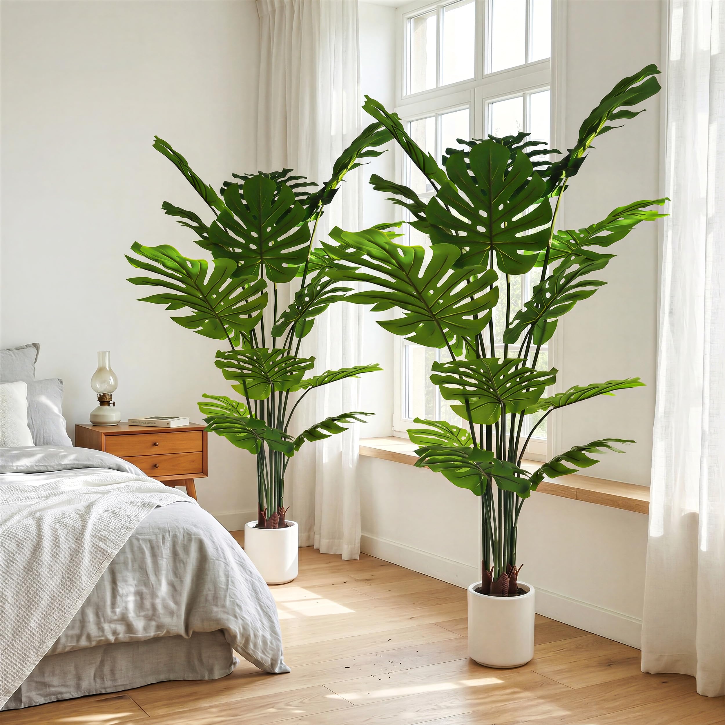 BEAUTYPEAK 140cm Monstera Künstliche Pflanze Wie Echt mit Weißem Topf | Kunstpflanze in Dichtes Laubwerk, Biegbare Blätter, Zimmerpflanze Deko für Wohnzimmer, Balkon,Büro,Flur, 2 Stück Fake Plants