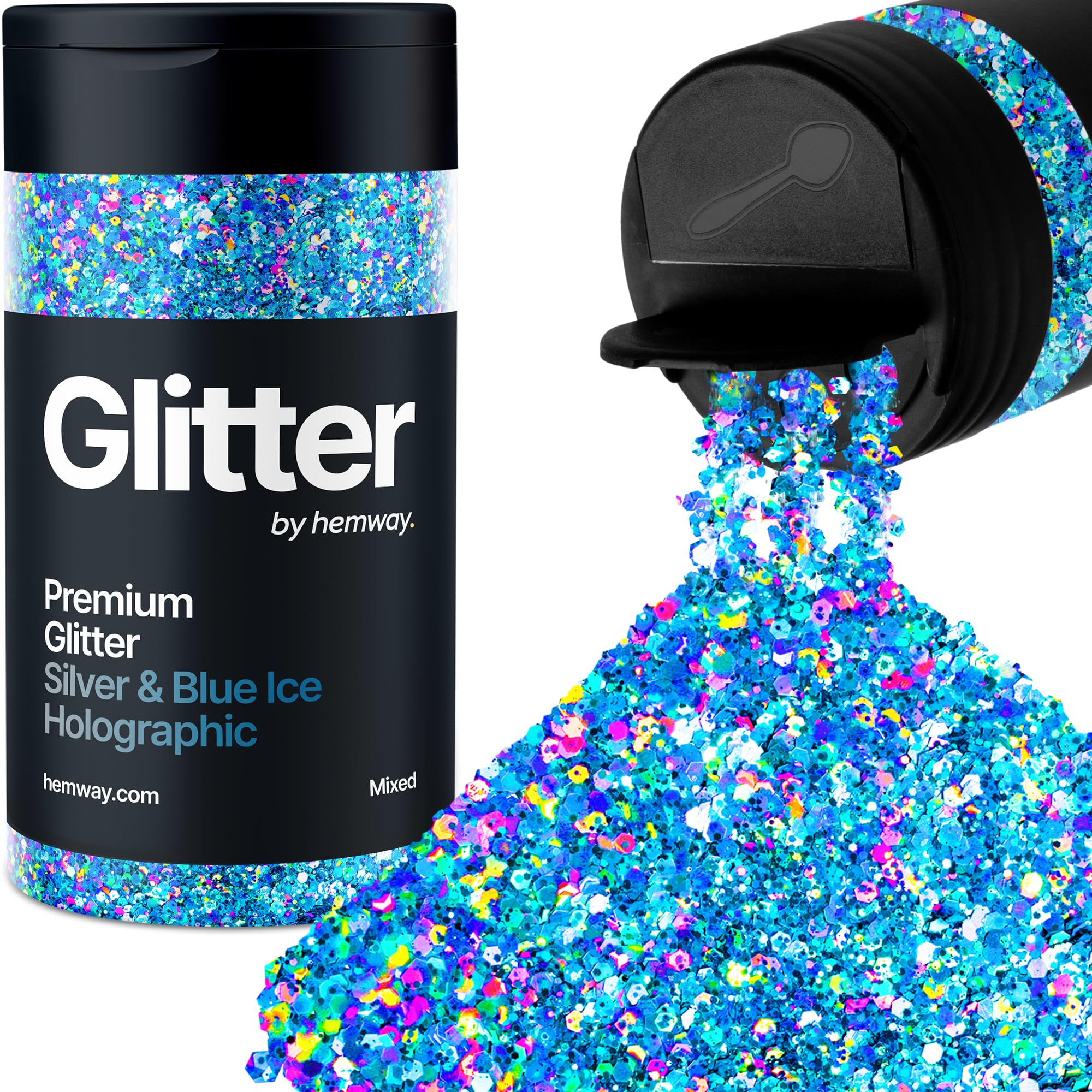 Hemway Chunky Glitter 105g/3.7oz Mixed Craft Glitter Powder Sequin Metallic Flakes for Nail Art Body Face Eye Hair Festival, Epoxy Resin Tumblers Crafts, Party Decor - Silver Blue Ice Holographic