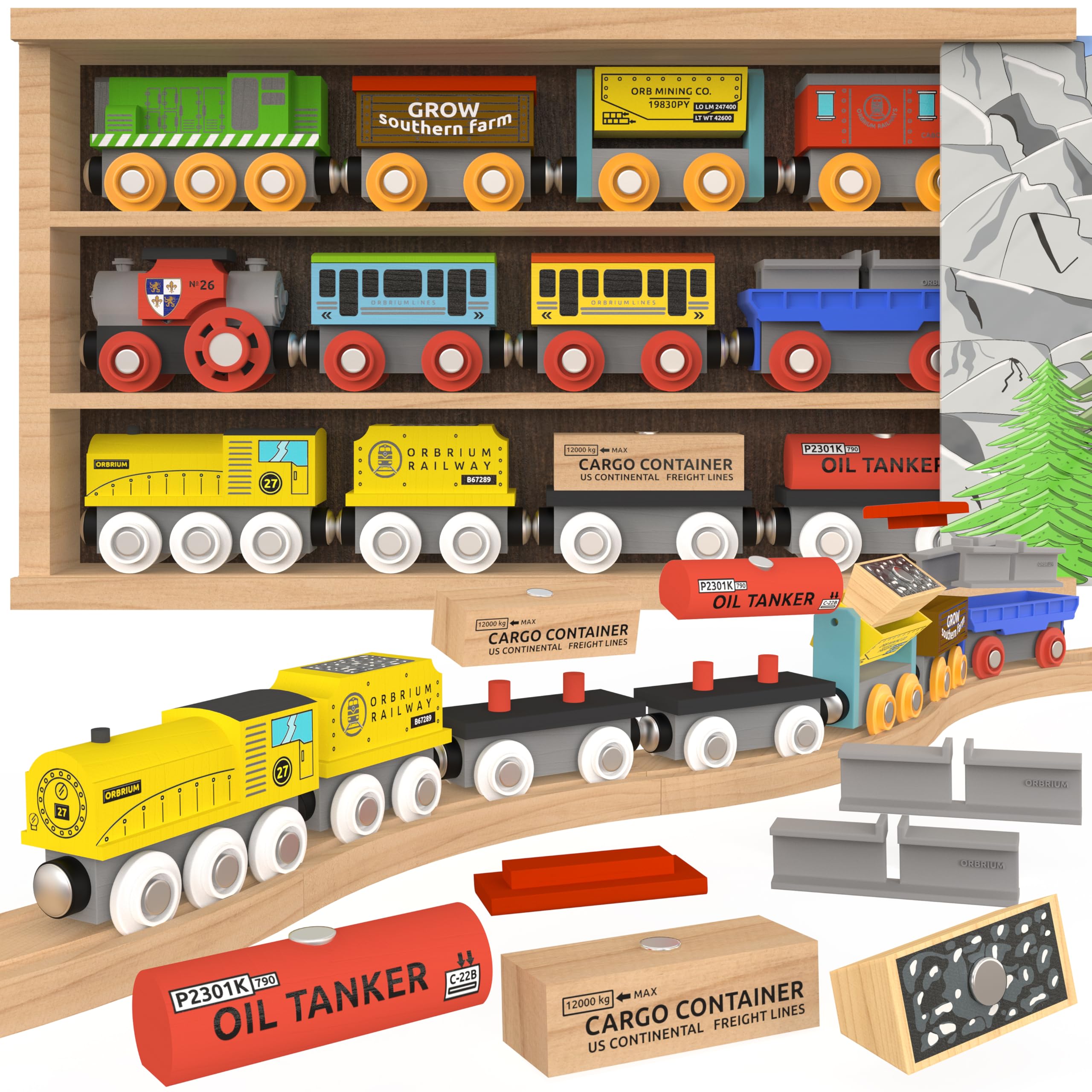 Wooden Train Set 12 PCS Magnetic Toy Train Cars with Storage Box Cover Tunnel Compatible with Thomas Brio Melissa and Doug Wooden Railway Toys for Grandkids Kids Toddlers Boys Girls