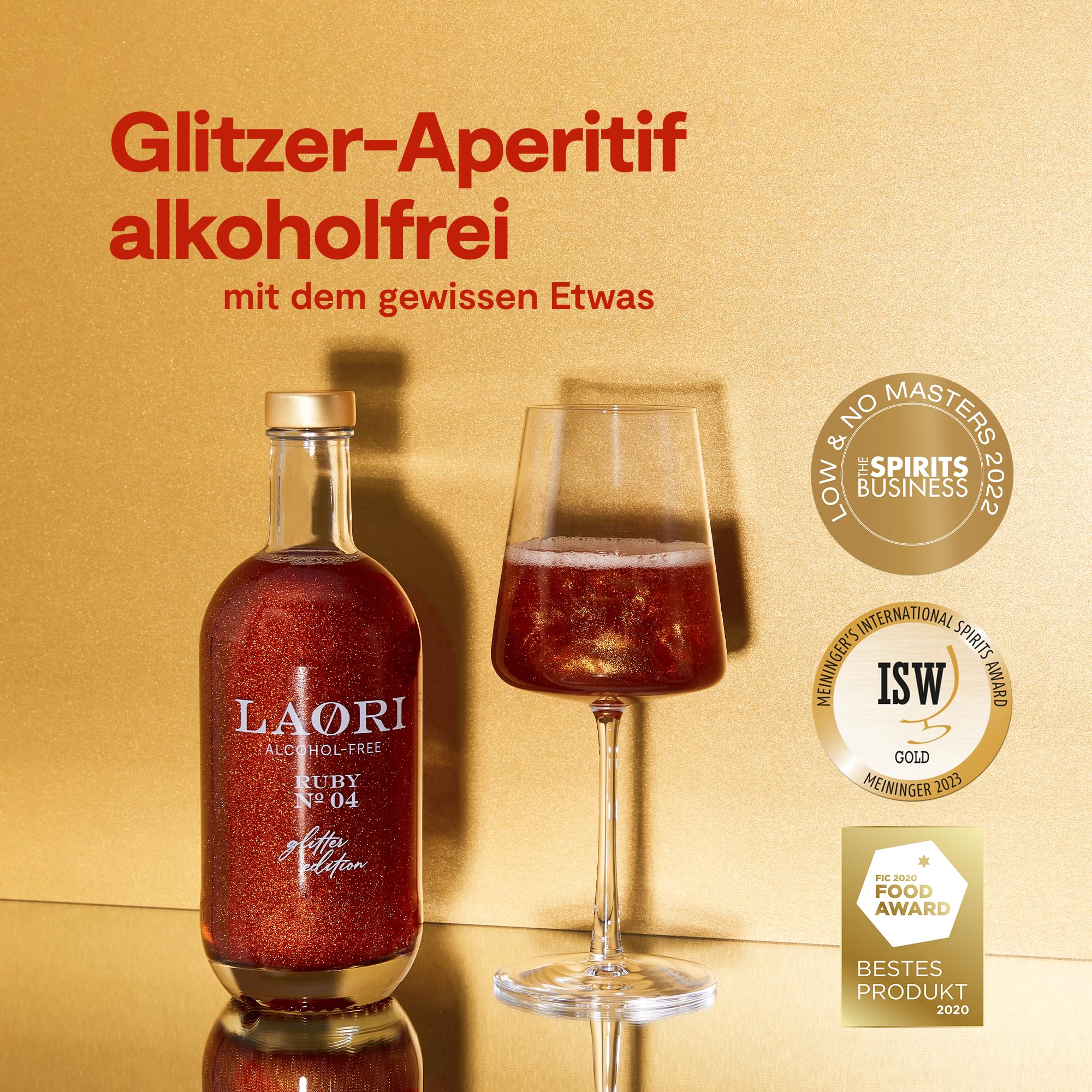 Laori Alkoholfreier Glitzer Spritz | Alkoholfreier Aperitif mit Glitzer ohne künstliche Aromen | Pflanzliche Farbstoffe | Perfekt für Spritz | Geschmack von Orange+Grapefruit | Nur 65 kcal