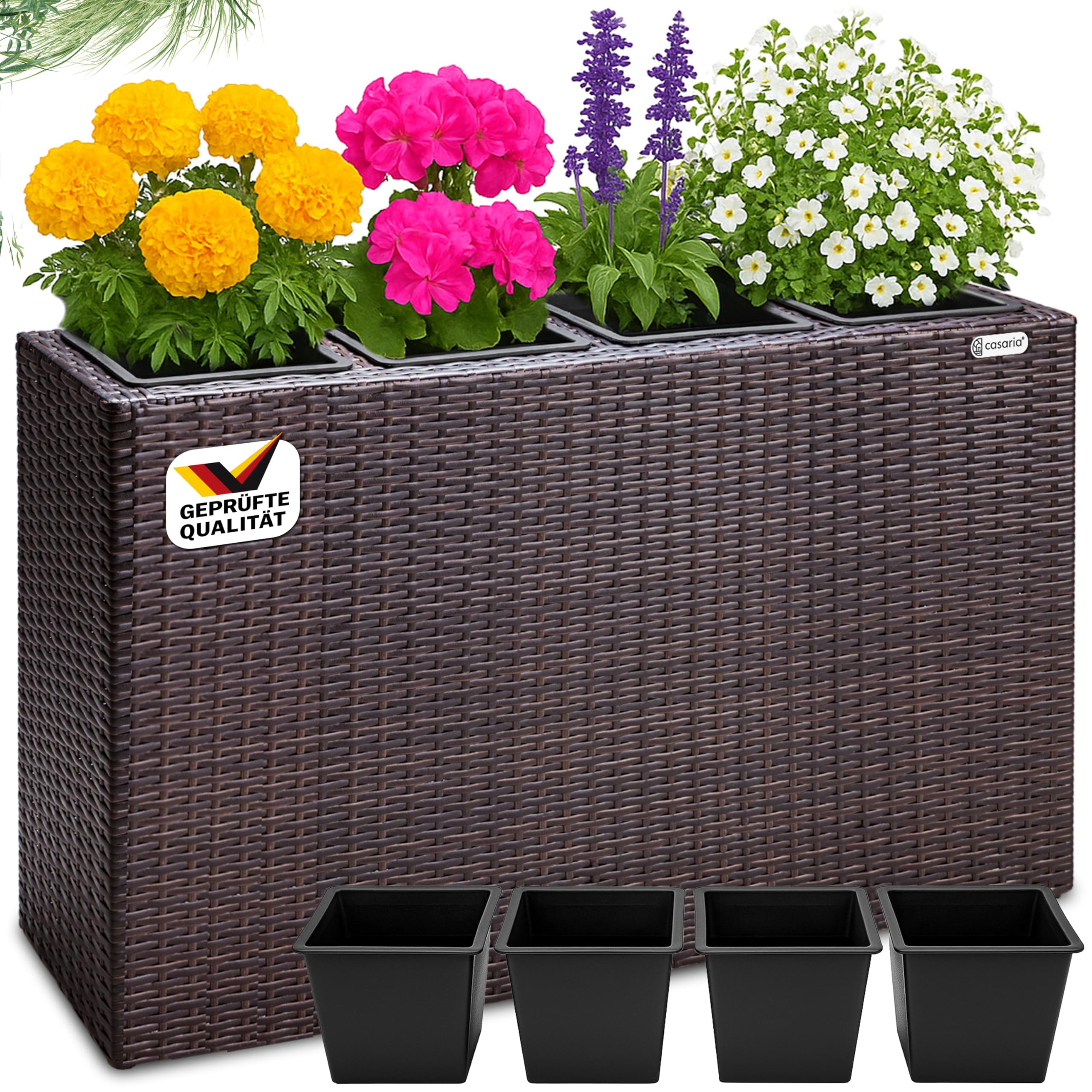 Casaria Fioriera Rettangolare 95x27x60 cm con 4 Vasi Interni in Polyrattan con Sistema di Drenaggio Fioriere Porta Vaso da Fiori Piante Divisorio Giardino Balcone Terrazza Marrone