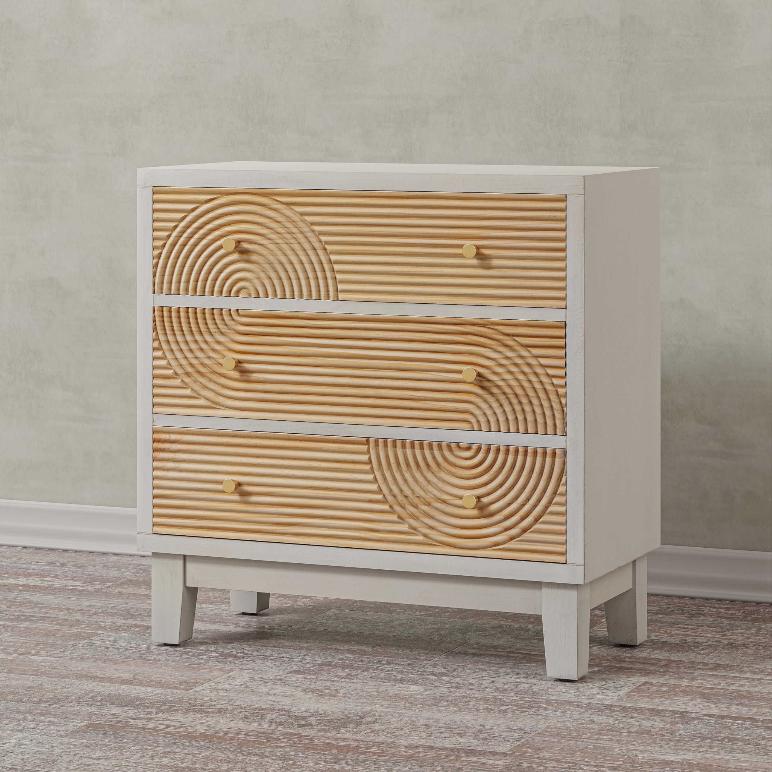 2-Drawer Farmhouse Nightstand, Mid Century Nightstand Fully Assembled with Handcrafted Wood Ring Pattern for Boho, Mid-Century, Rustic Style, Natural Wood