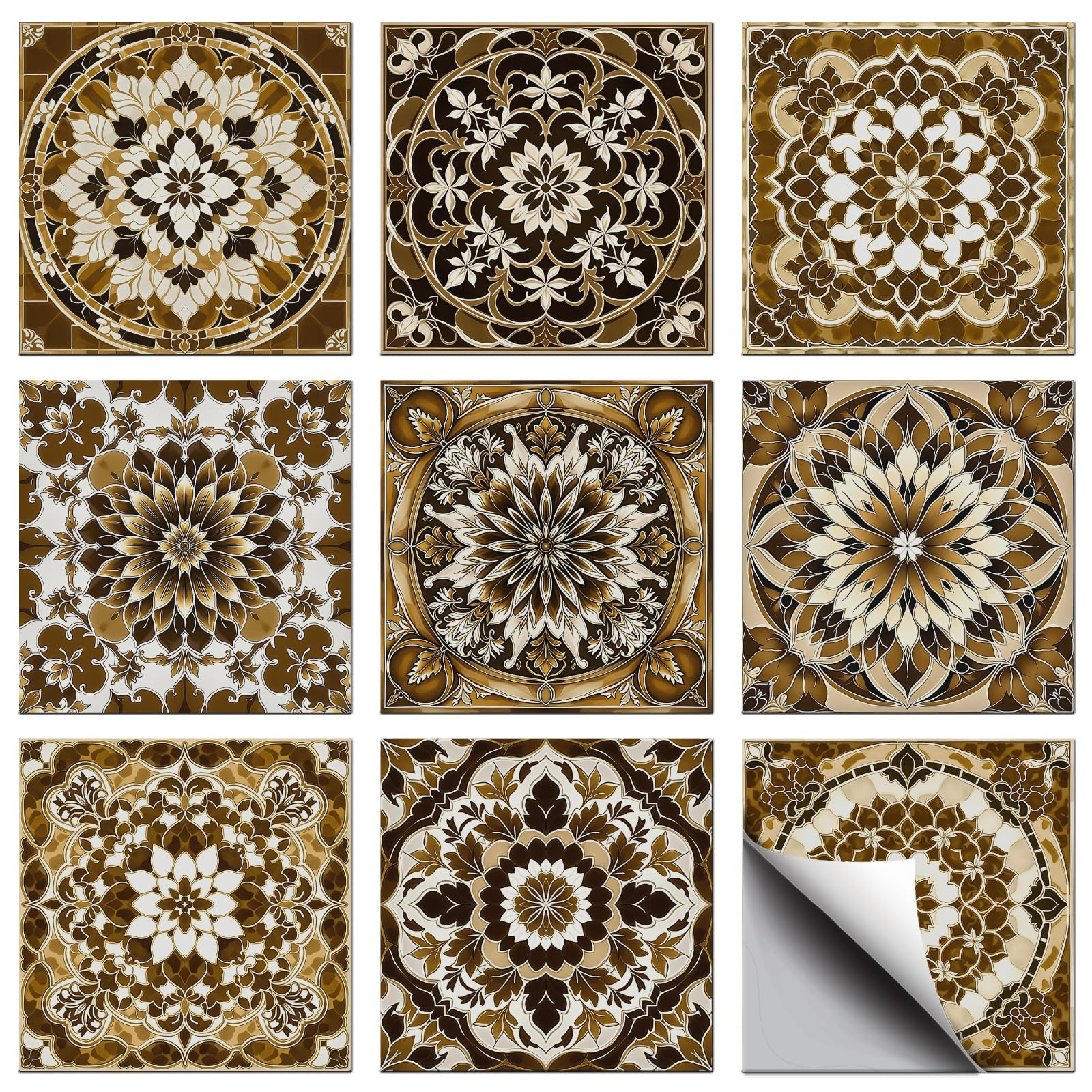 CONCHLERY 36 Pcs 9 Styles Retro Brown Spanish Geometric Pattern Peel and Stick Tile Stickers Waterproof Self Adhesive Decals, for Kitchen Bathroom Home Wall Art Decor 4x4 Inch