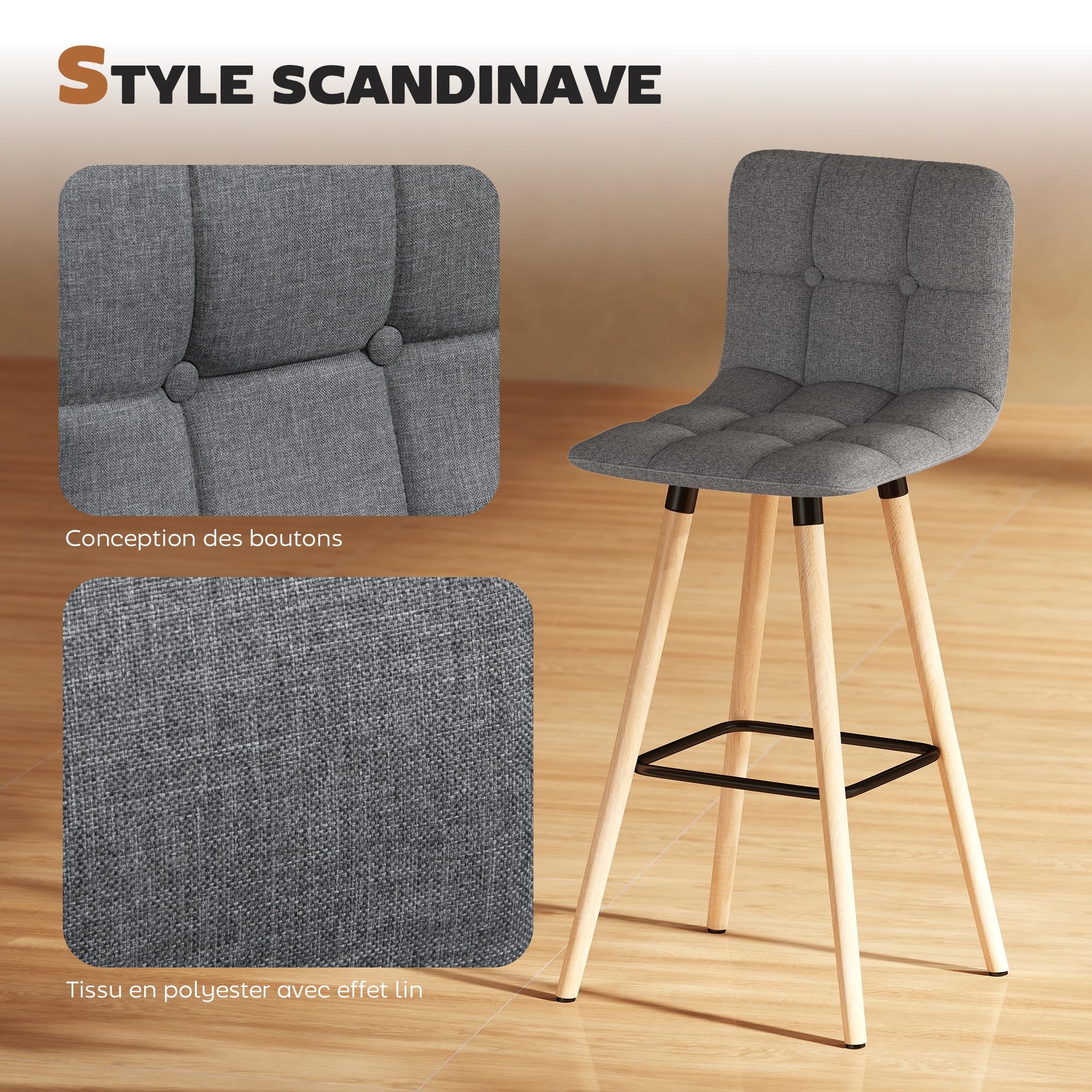 HOMCOM Lot de 2 Tabourets de Bar Dossier Pieds Bois Assise 70,5 cm Gris