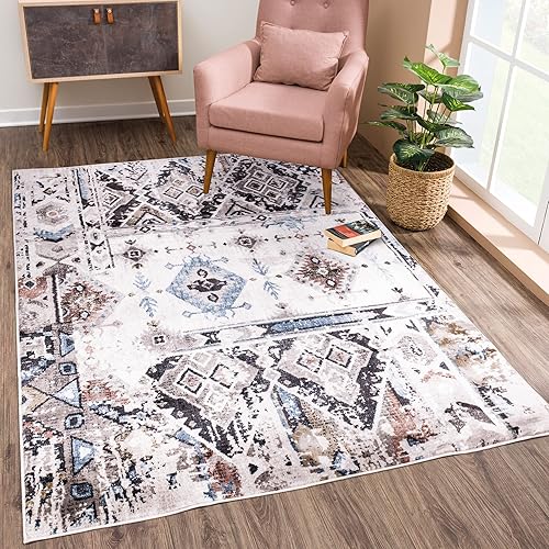 Bloom Rugs Alfombra geométrica tribal de 8 x 10 pulgadas azul carbón gris para sala de estar dormitorio comedor y cocina tamaño exacto 7 pies 5