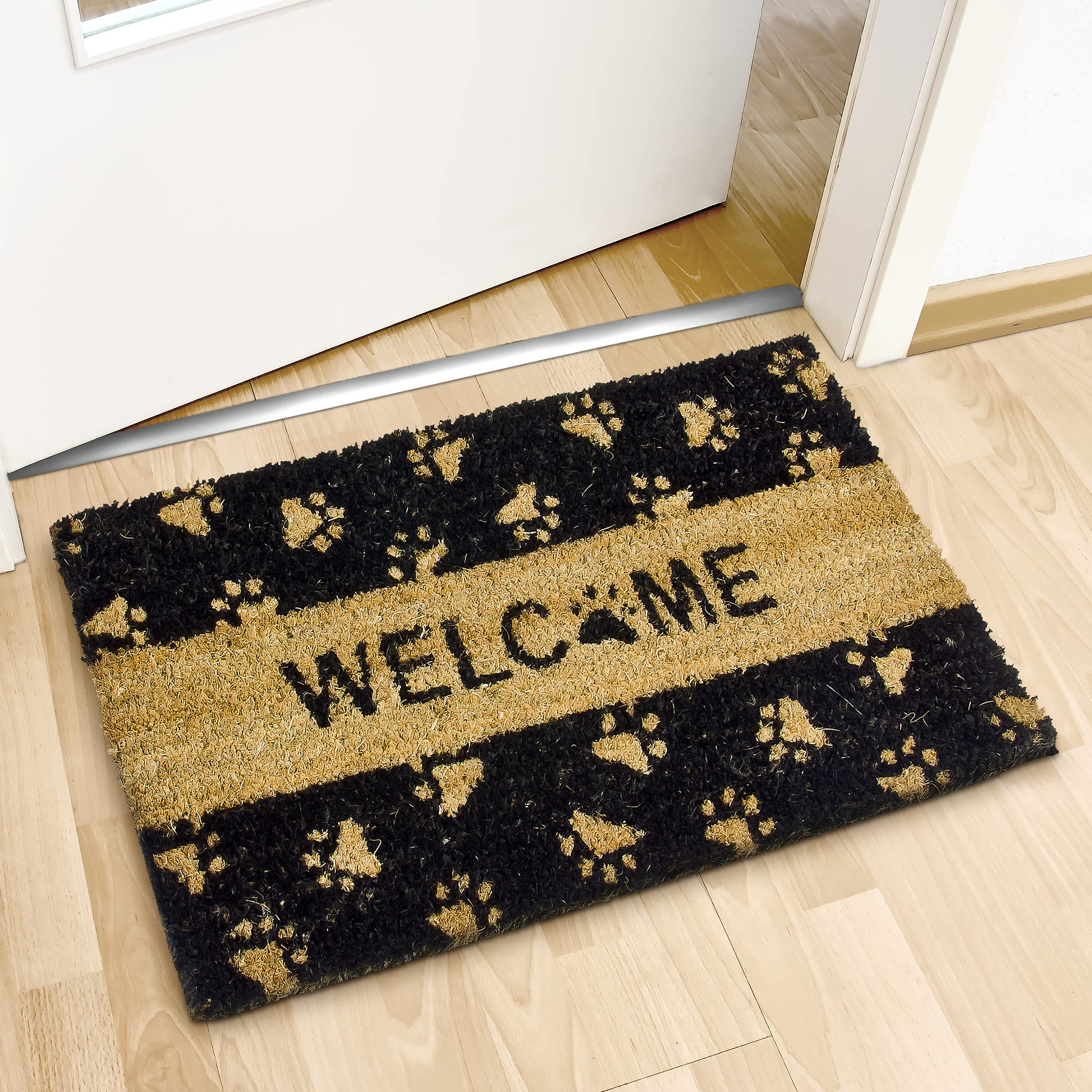 Relaxdays Natural Coconut Fibre Paw Print Doormat 40 x 60 cm Coir Welcome Mat Anti-Slip PVC Rubber Underside, Black - Image 2