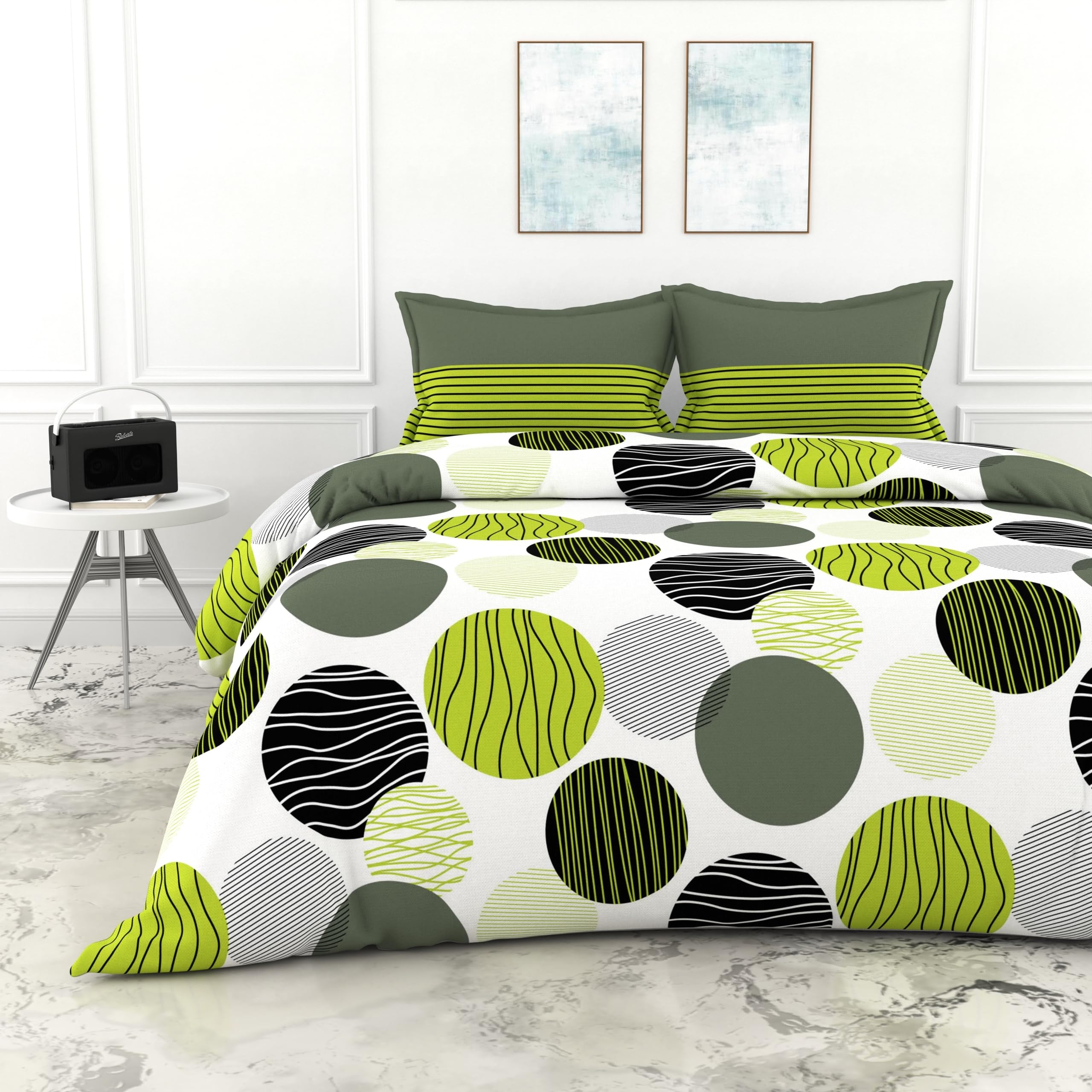 LORETO - A QUALITY LINEN BRAND 100% Pure Cotton Bedsheet for Double Bed, 144TC Soft & Breathable Double Bed Bedsheet with 2 Pillow Covers (Green and Grey Black Circle, 84 x 94 Inches)