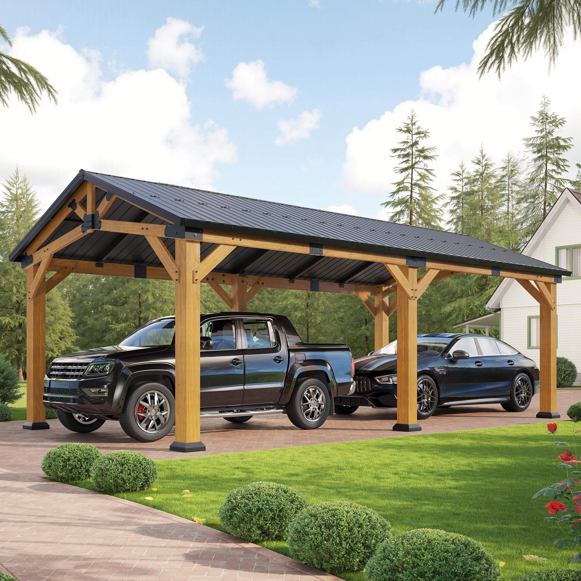 Jocisland 12x24x9.5 FT Cedar Wood Hardtop Carport