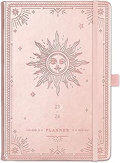 Academic Diary 2023-2024 - Diary 2023-2024 Week to View, July 2023 - June 2024, Premium Leather Cover, Gold Stamp, Accordion Pocket, Gift Box, 25 Note Pages, Pink