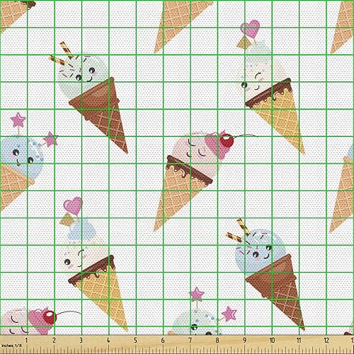 Miniatura 2 de Ambesonne - Tela de helado por The Yard, deliciosos alimentos fríos de verano en conos estilo Kawaii patrón ilustrado, tela decorativa para