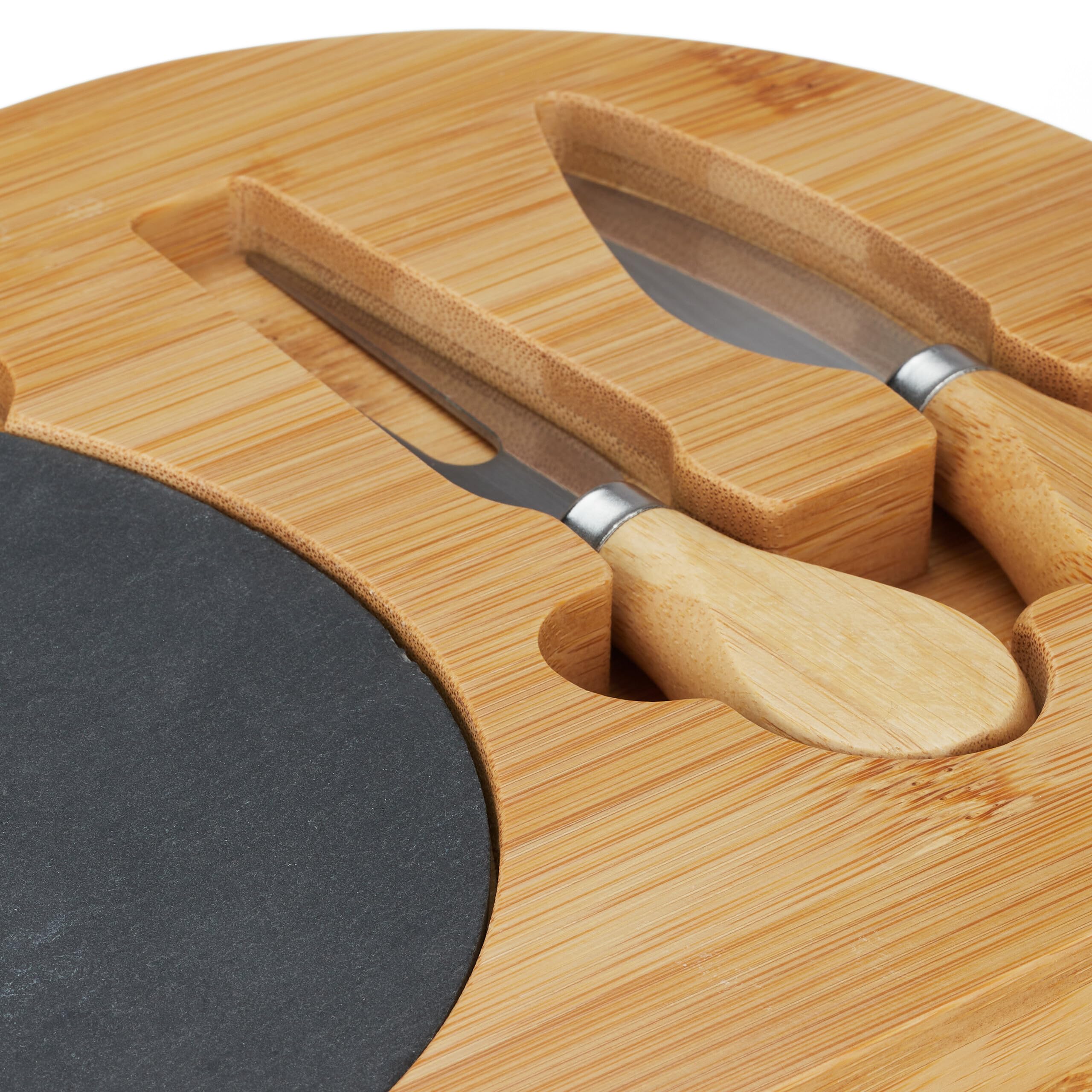 Relaxdays Set Tabla de Quesos, Bandeja Embutidos con 2 Cubiertos, Plato Pizarra, 28 x 18 cm, Bambú, Natural y Negro