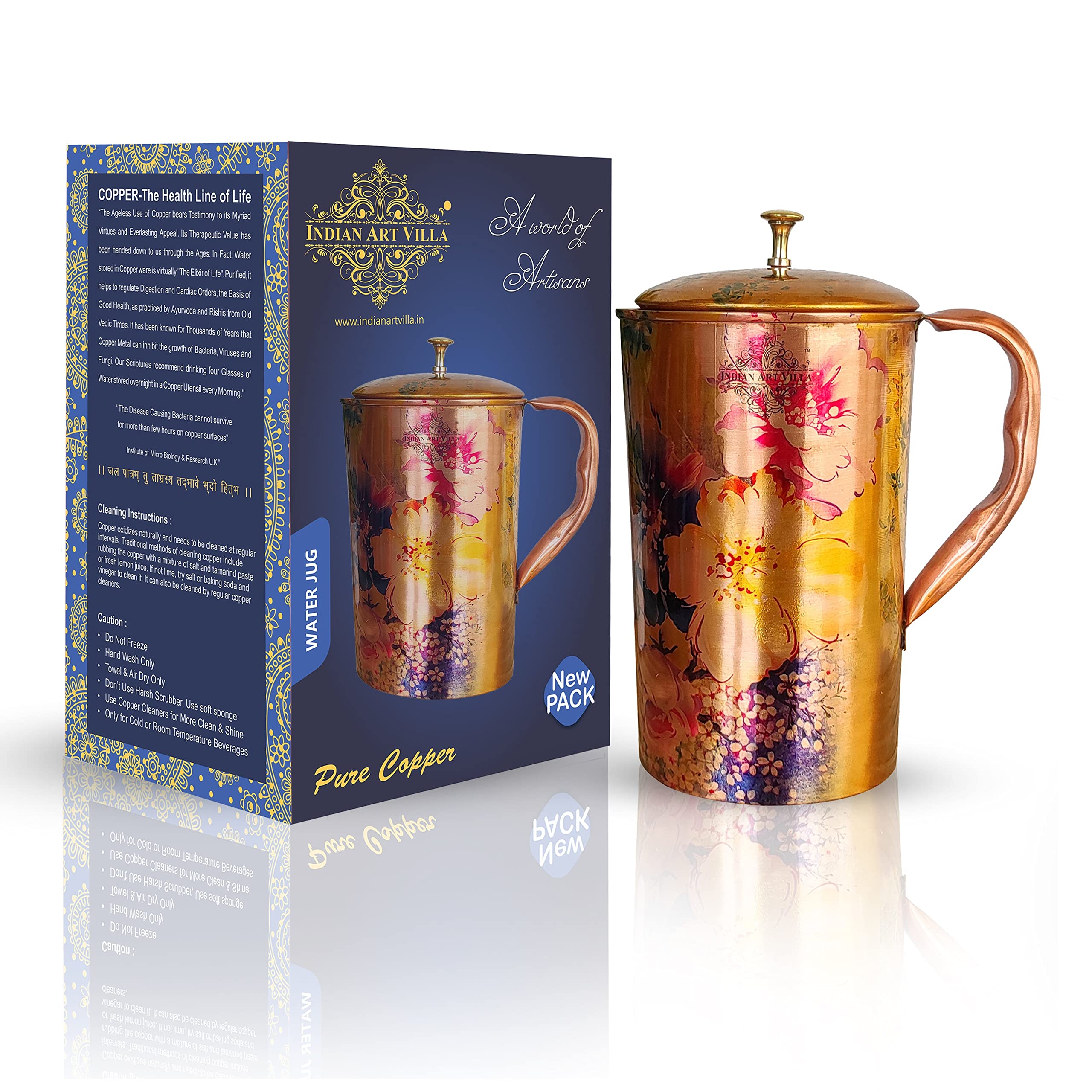 Indian Art Villa Pure Copper Jug With Golden Floral Print Brass Knob On Top Serveware Drinkware Volume -