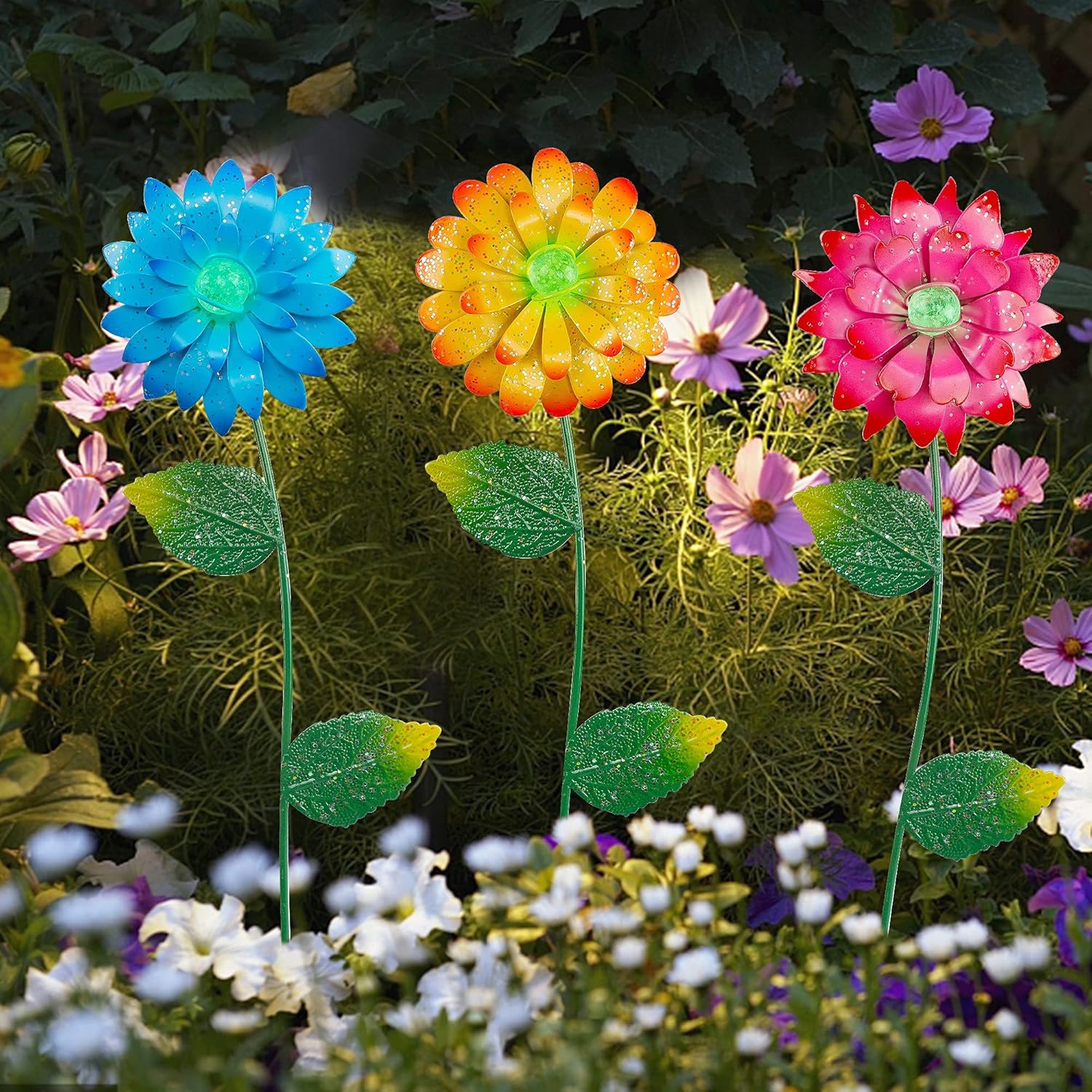 Juegoal 3 Pack Flower Garden Stakes Decor, Outdoor Metal Sunflowers Daisy Shaking Head Glow in Dark Yard Art, Rust Proof Metal Flower Stick, Indoor Outdoor Pathway Patio Lawn Decorations : Patio, Lawn & Garden