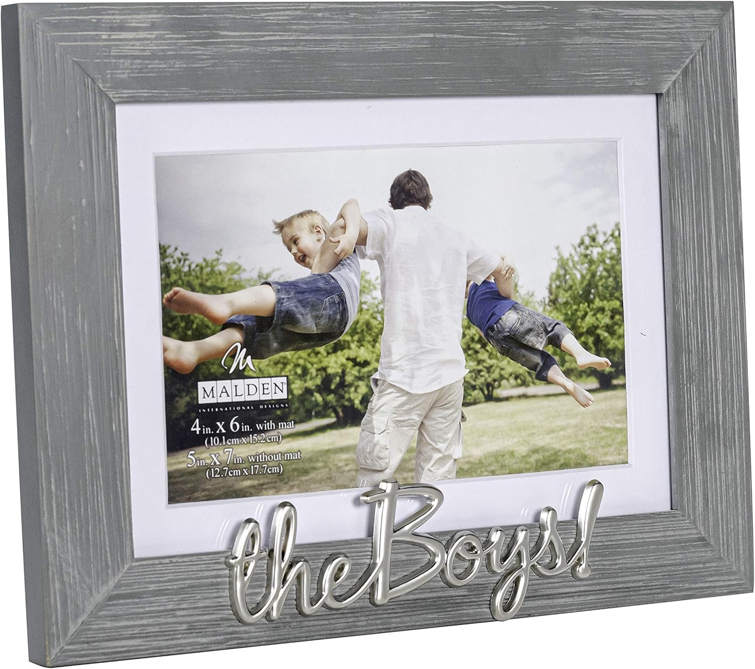 Malden International Designs 4x6 or 5x7 The Boys! Distressed Expressions Picture Frame Silver Finish The Boys! Word Attachment Gray Textured Wood Grain Finish MDF Frame White Beveled Mat