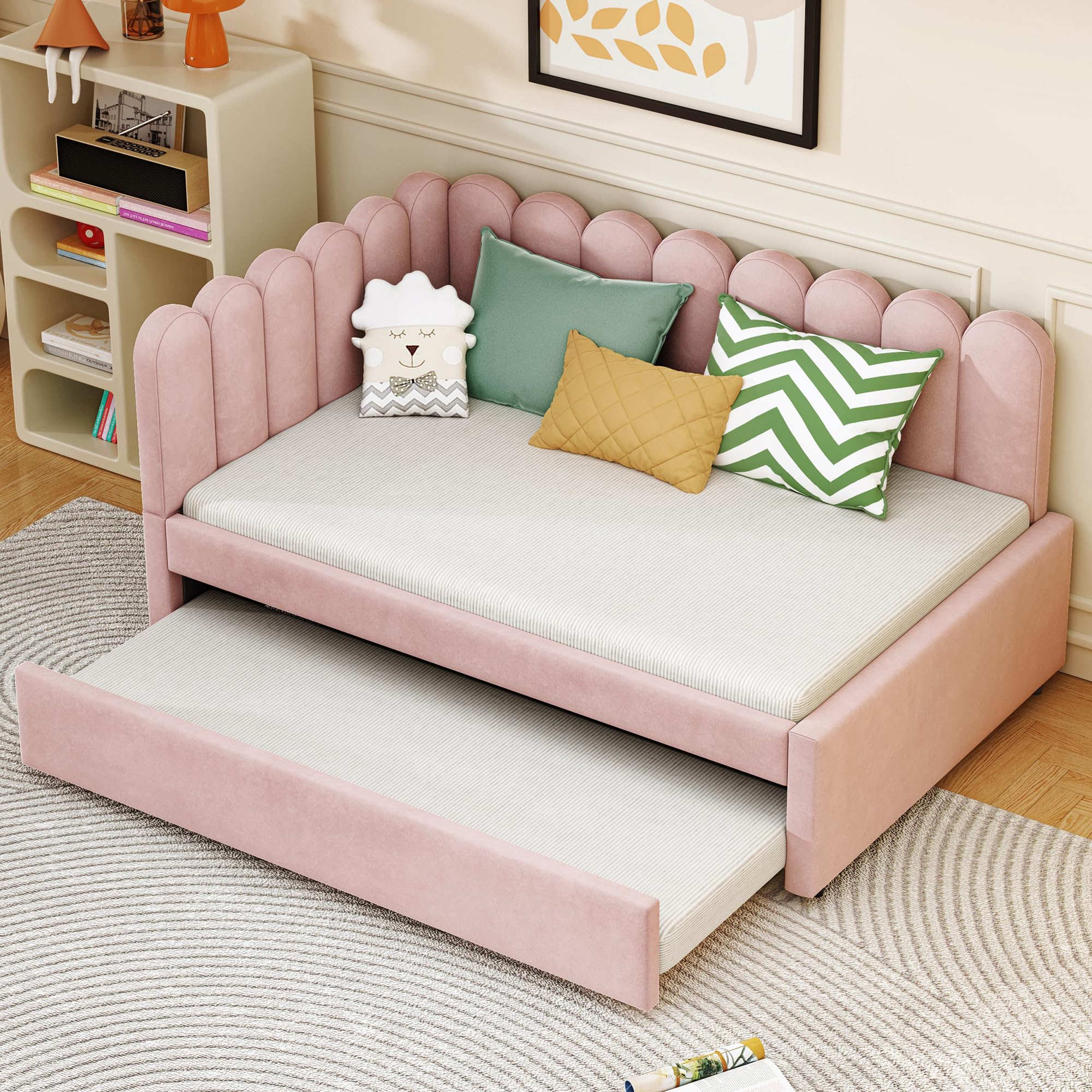 Kebnor Letto imbottito a forma di L, divano letto 140 x 200 cm, con schienale floreale e letto estraibile in tessuto di velluto (rosa, 140 x 200 cm)
