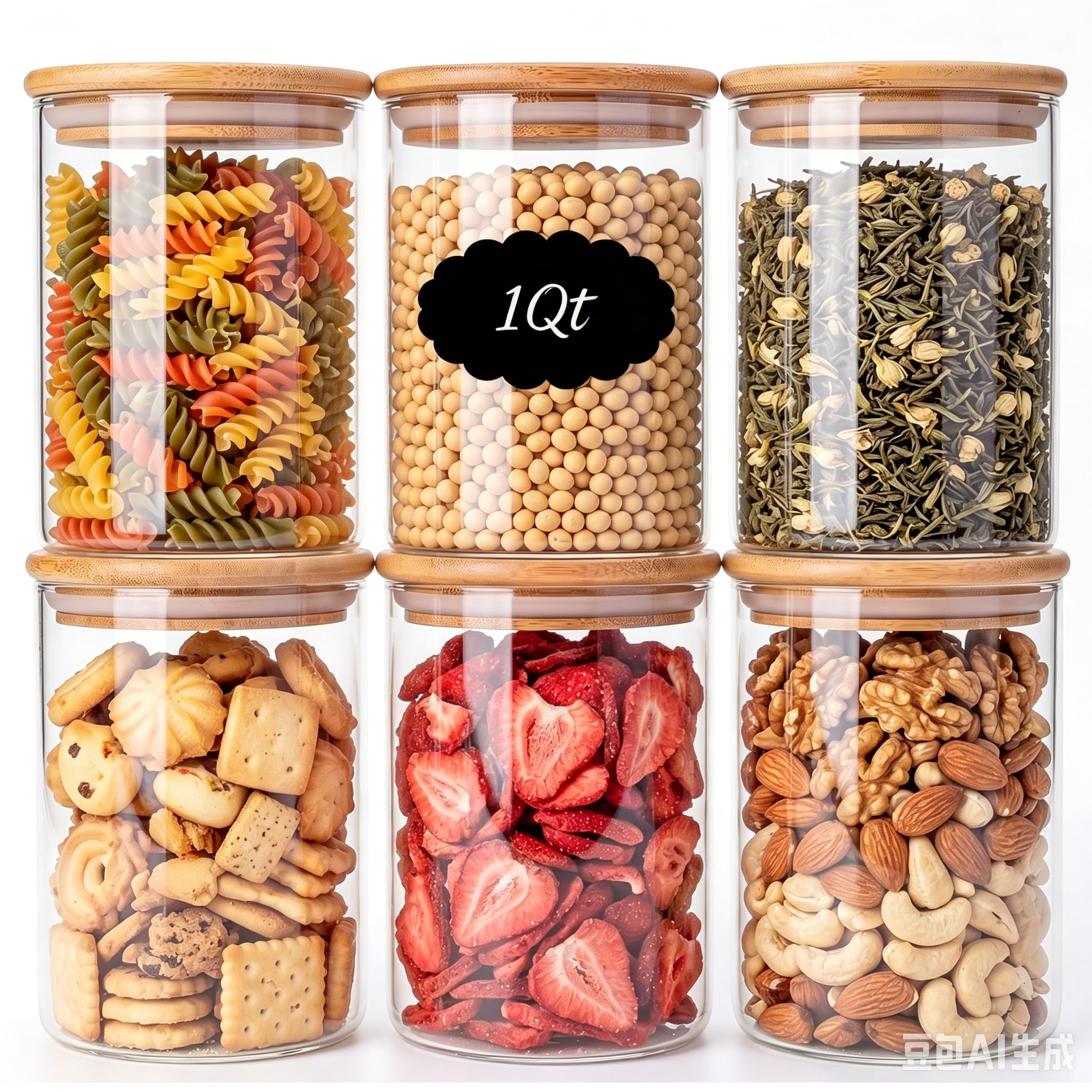 Runde luftdichte Vorratsdosen aus Glas, Frischhaltedosen mit Bambusdeckel, stapelbares Gewürzglas, Küchenbehälter für Zucker, Tee, Kaffeebohnen, Nudeln, Hafer, Gewürze, 907 ml, 6 Stück