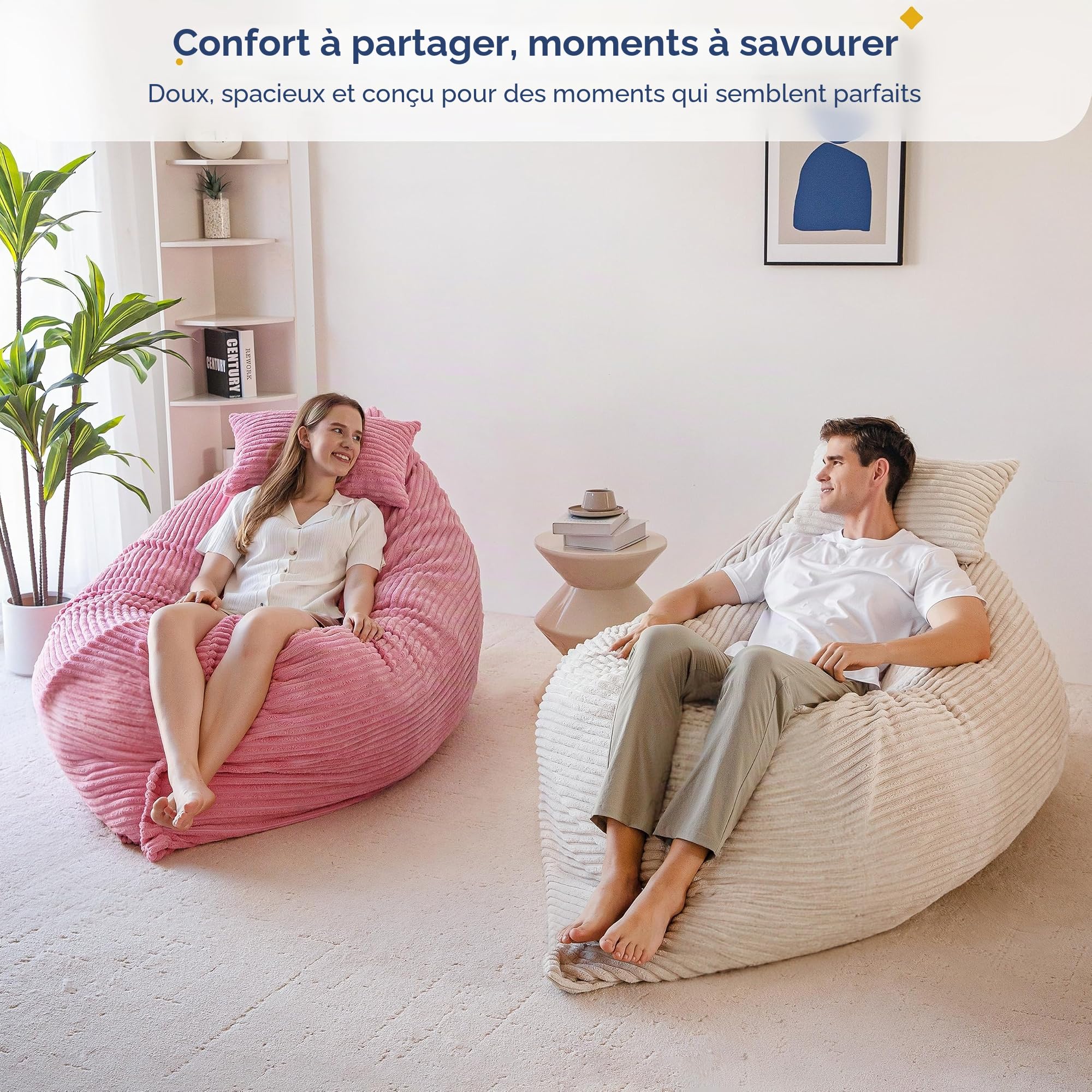 MAXYOYO Géante Pouf Salon, Housse Amovible en Velours Côtelé, Pouf Lit avec Rembourrage en Mousse Moelleuse, Bean Bag pour Adultes et Enfants