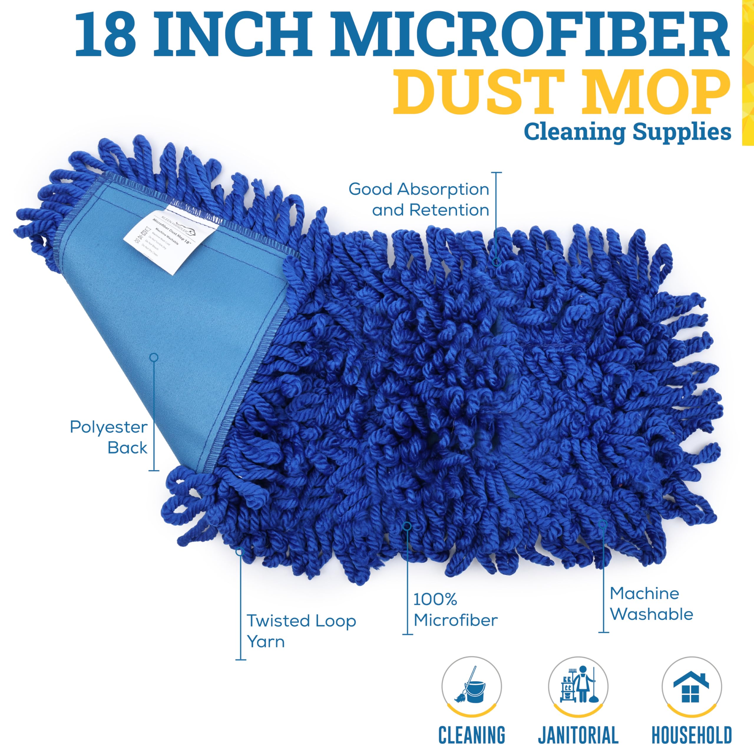 Kleen Handler Mopa antipolvo de microfibra de 18 pulgadas, repuesto de cabezal de fregona comercial lavable pequeño, paquete de 6