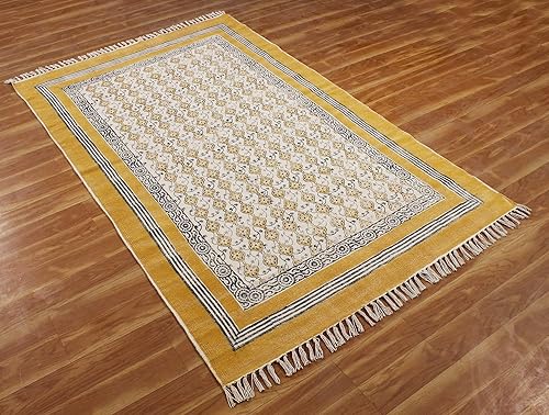 Miniatura 7 de CASAVANI Collection - Alfombra de pasillo de 3 x 10 pies, color amarillo mostaza, de algodón Dhurrie, floral, Kilim para uso en interiores y