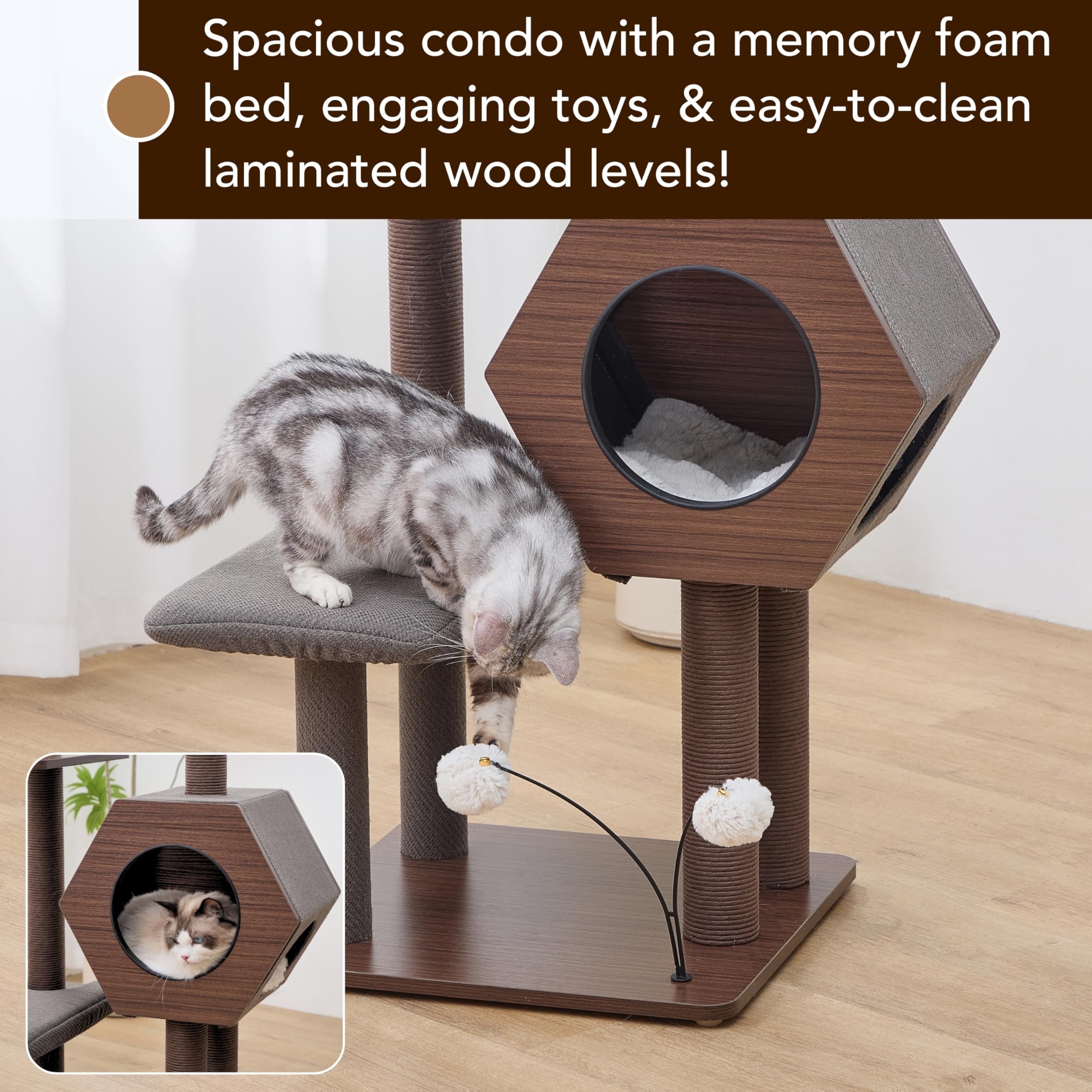 PetPals 5-Level 46.4” Mid-Century Modern Cat Tree with Hexagon Condo, Replaceable Recycled Paper Rope Scratchers, Washable Bed&Toys, Quick Assembly, Ideal for Medium Cats,Dark Brown - image 5