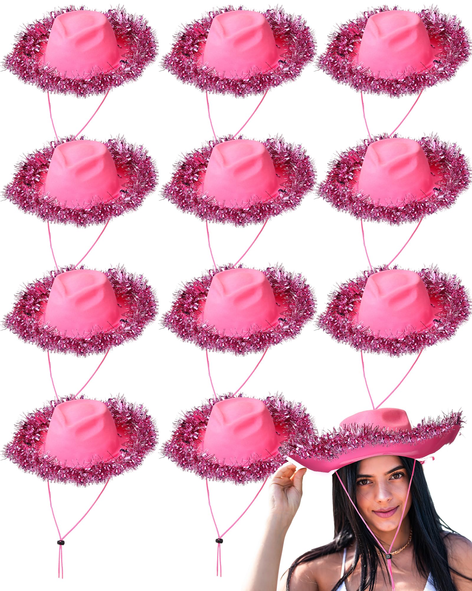 Mepase 12pcs Cowgirl Hat Plastic Western Cowboy Hat Bulk with Tinsel for Women Wedding Bachelorette Costume Party Accessories(Pink)