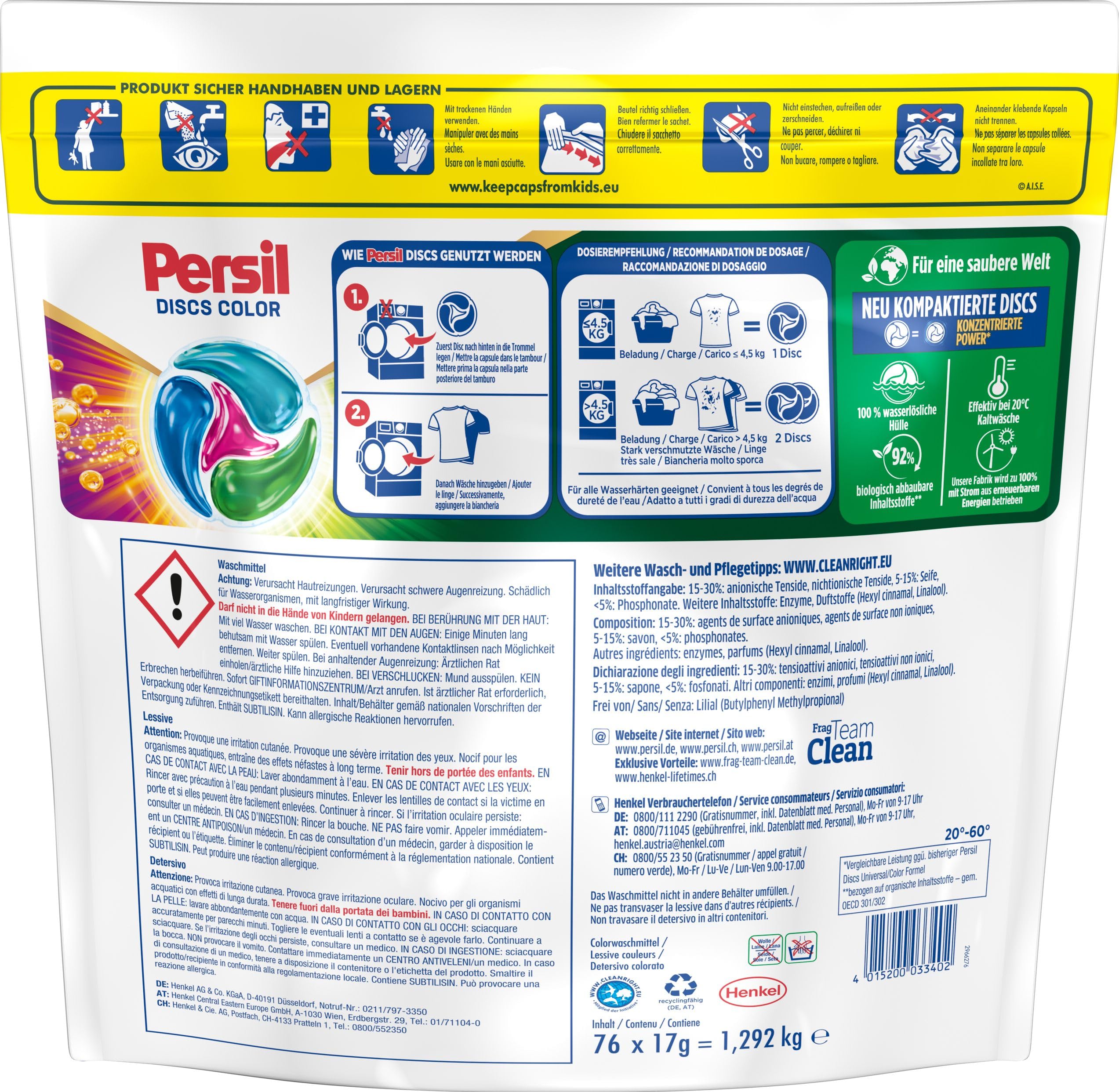 Persil Color 4 en 1 DISCS 76 lavages, lessive avec technologie de propreté en profondeur, lessive pour linge pur et fraîcheur hygiénique pour la machine