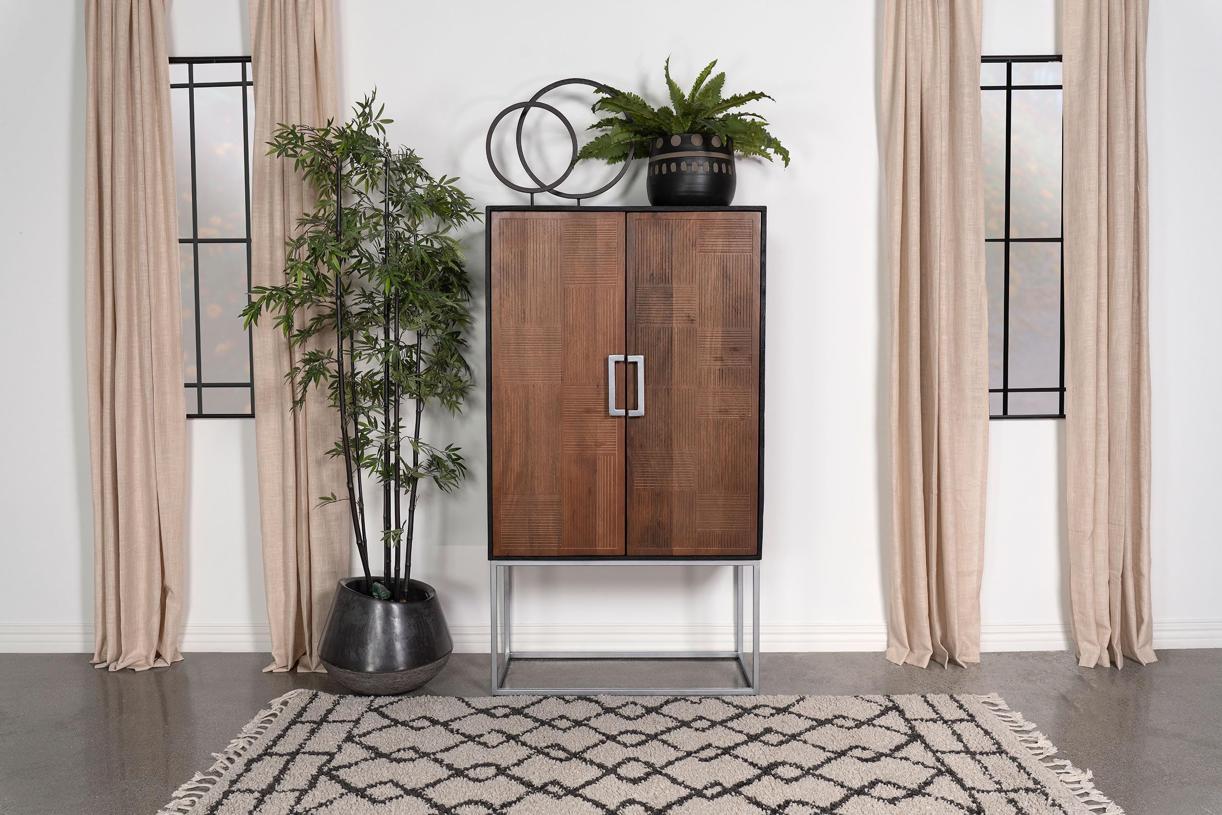 Coaster Home Furnishings Borman Mango Wood 2 Door Home Bar Cabinet with Iron Metal Leg Base and Frame, Wine Bottle Storage, Drawer, and Fixed Shelves. Walnut and Black Finish, Silver Handles. 36"w x 18"d x 63.5"h