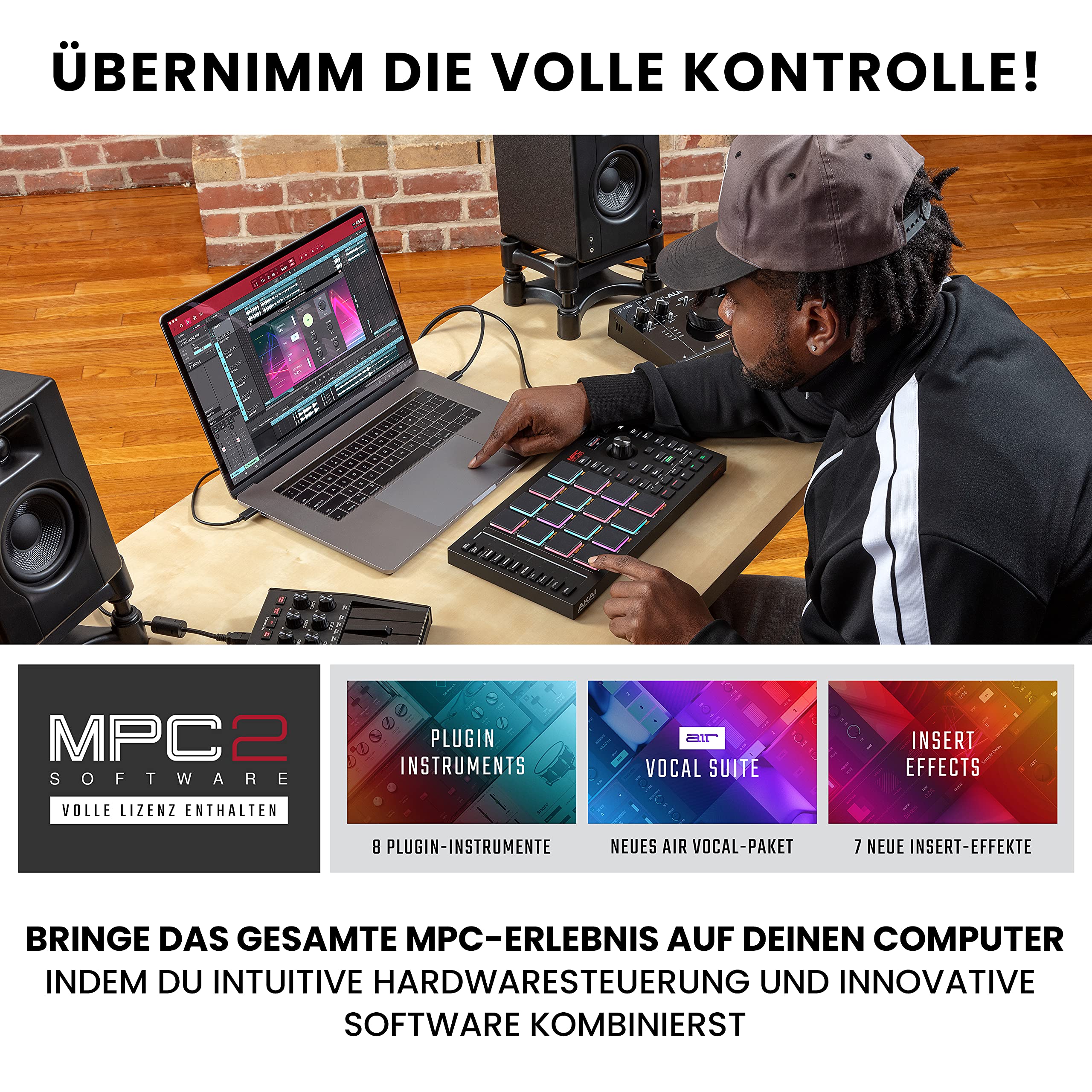 Akai Professional MPC Studio - MIDI Controller Beat Maker mit 16 anschlagdynamischen RGB Pads, MPC Software, zuweisbarem Touch Strip und LCD Display