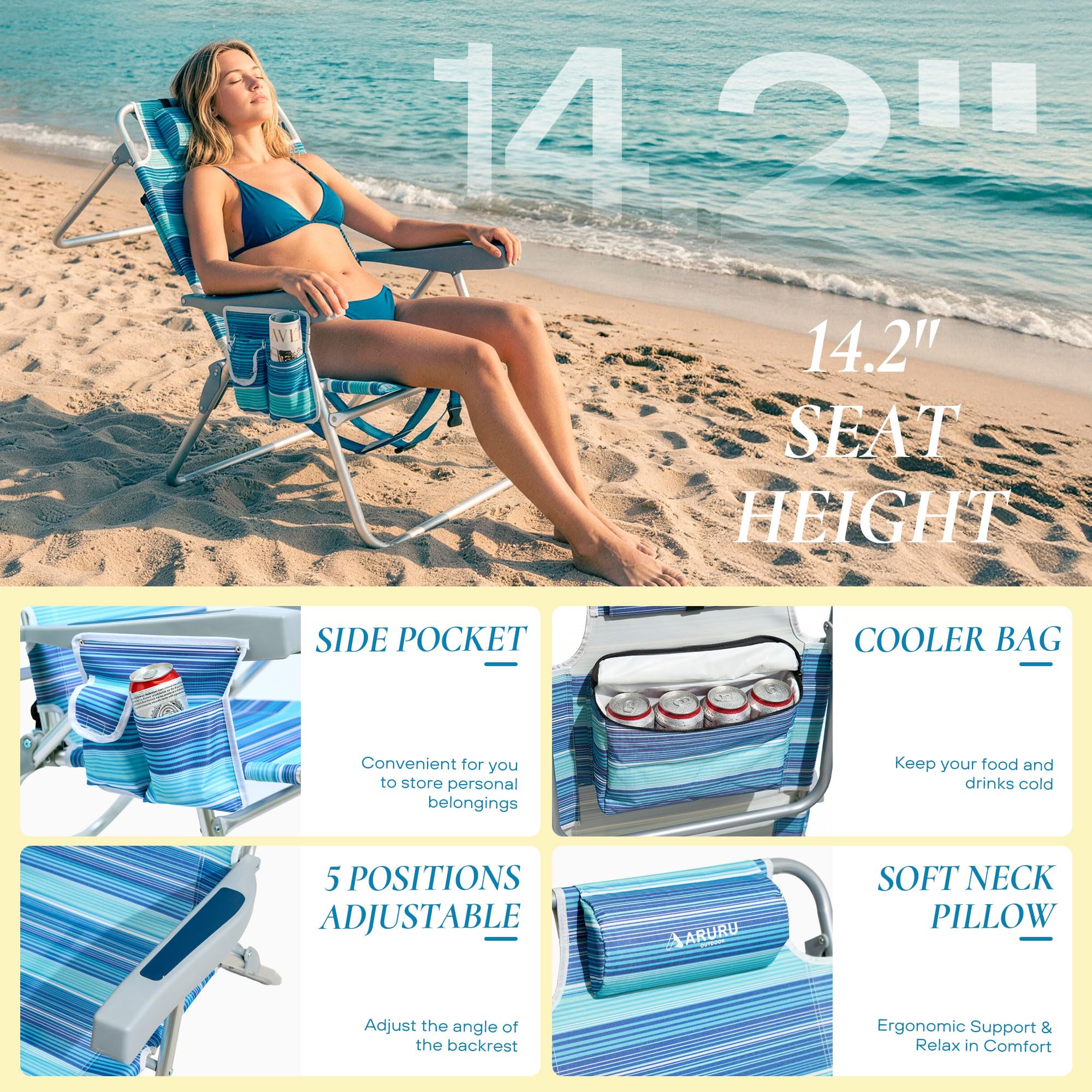 Strandstuhl Klappbar mit Hoher Sitzhöhe, Tragbarer Faltbarer Rucksack-Campingstuhl, 5-Fach Verstellbar, mit Kühltasche und Getränkehalter für Outdoor Blau