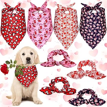 8 Pieces Valentine's Day Dog Bandanas and Matching Scrunchie Set Red Pink Dog Bandanas Love Heart Dog Scarf Bibs with Bow Hair Ties Female Red Lips Dog Bandana Adjustable Pet Neckerchief for Dogs Cats