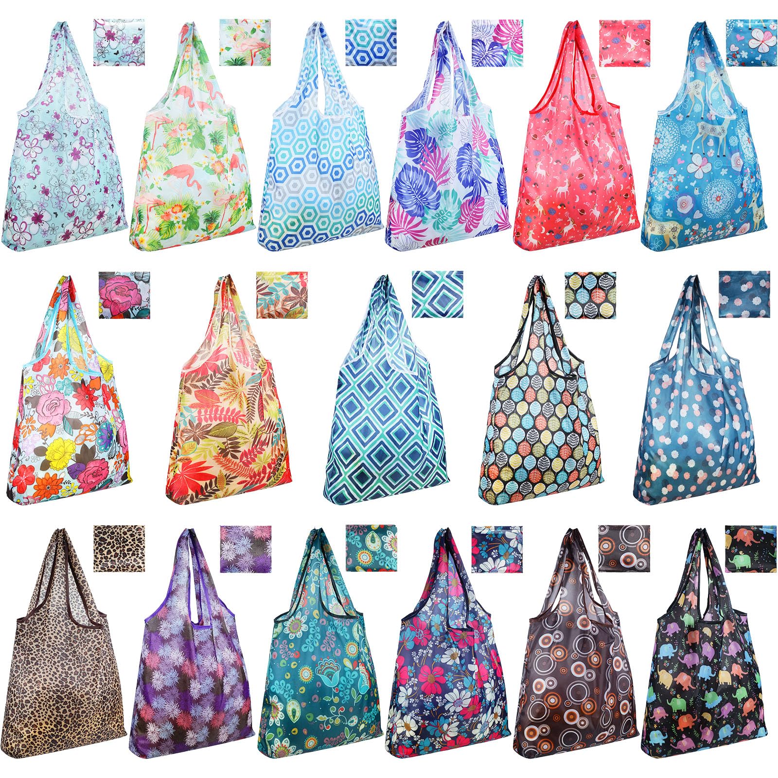 Weewooday 18 Pieces Foldable Reusable Shopping Bags Machine Washable Grocery Bags Waterproof