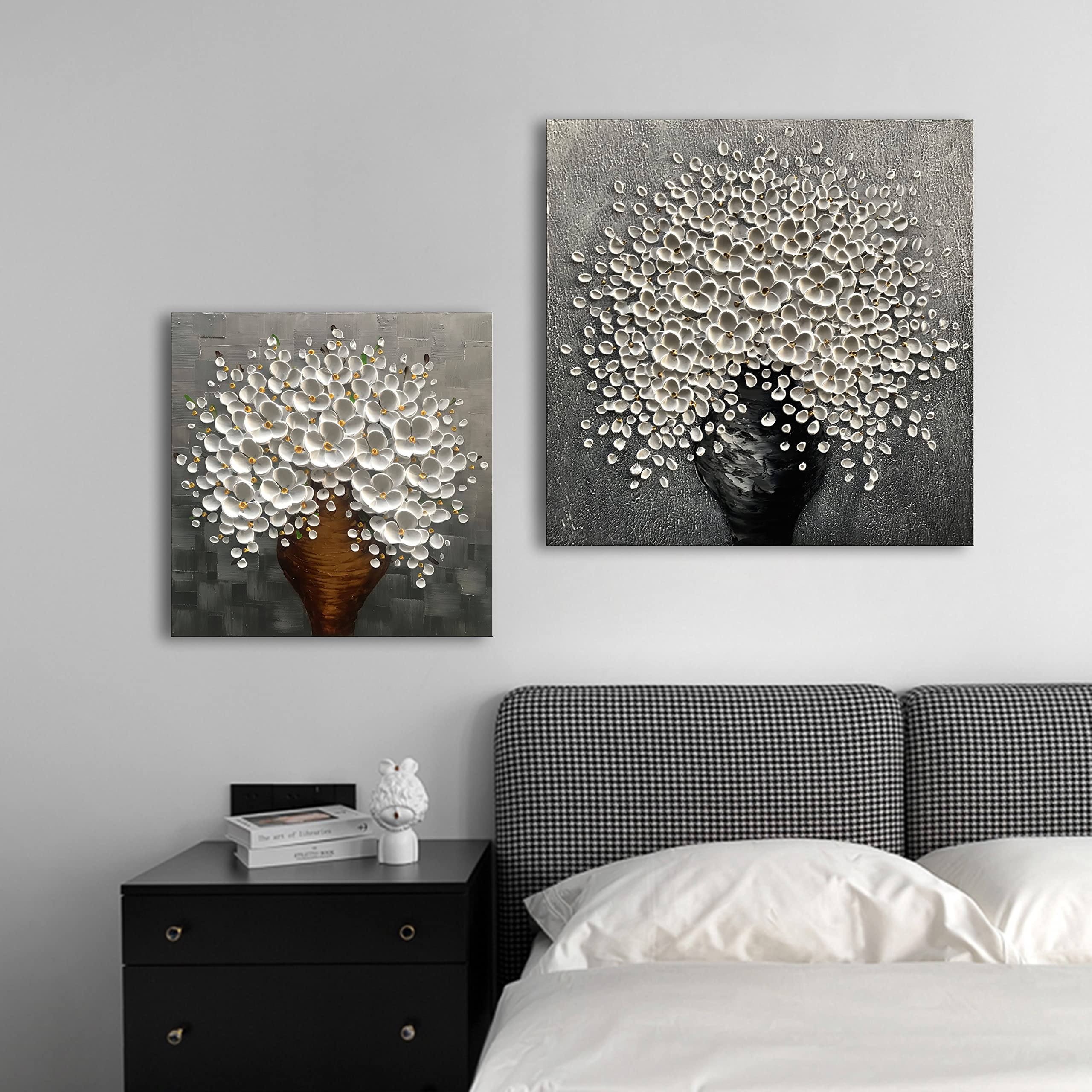Epicler art Canvas Wall Art Grey and white flower painting, 30x30 inchs modern flower tray knife painting, bedroom kitchen dining room living room office home wall decoration