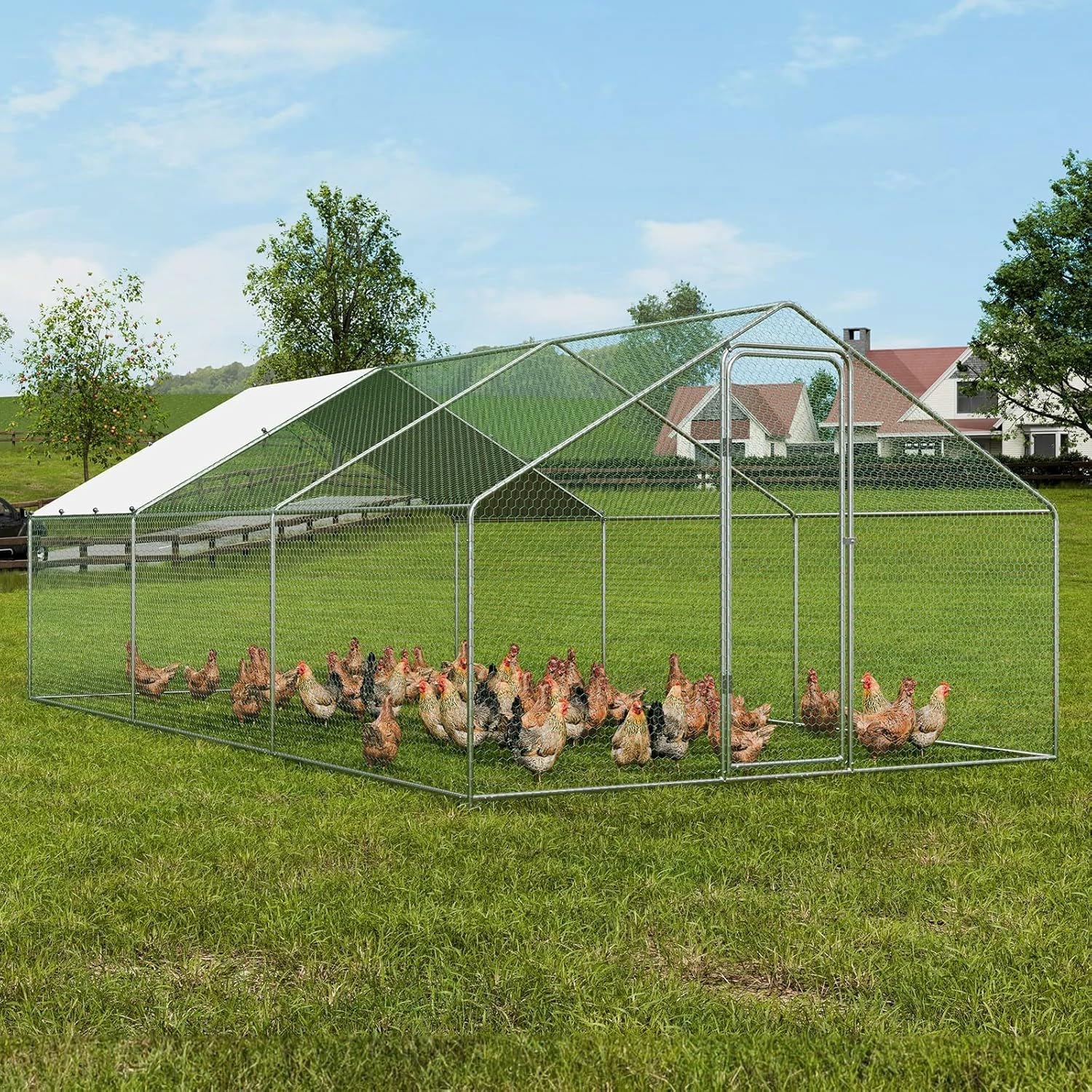 Grand Enclos Poulailler Extérieur 18 m² en Acier Galvanisé avec Bâche PE Résistante et Porte Verrouillable – Parc Grillagé pour Poules, Canards, Oies et Petits Animaux – 6 x 3 x 2 m