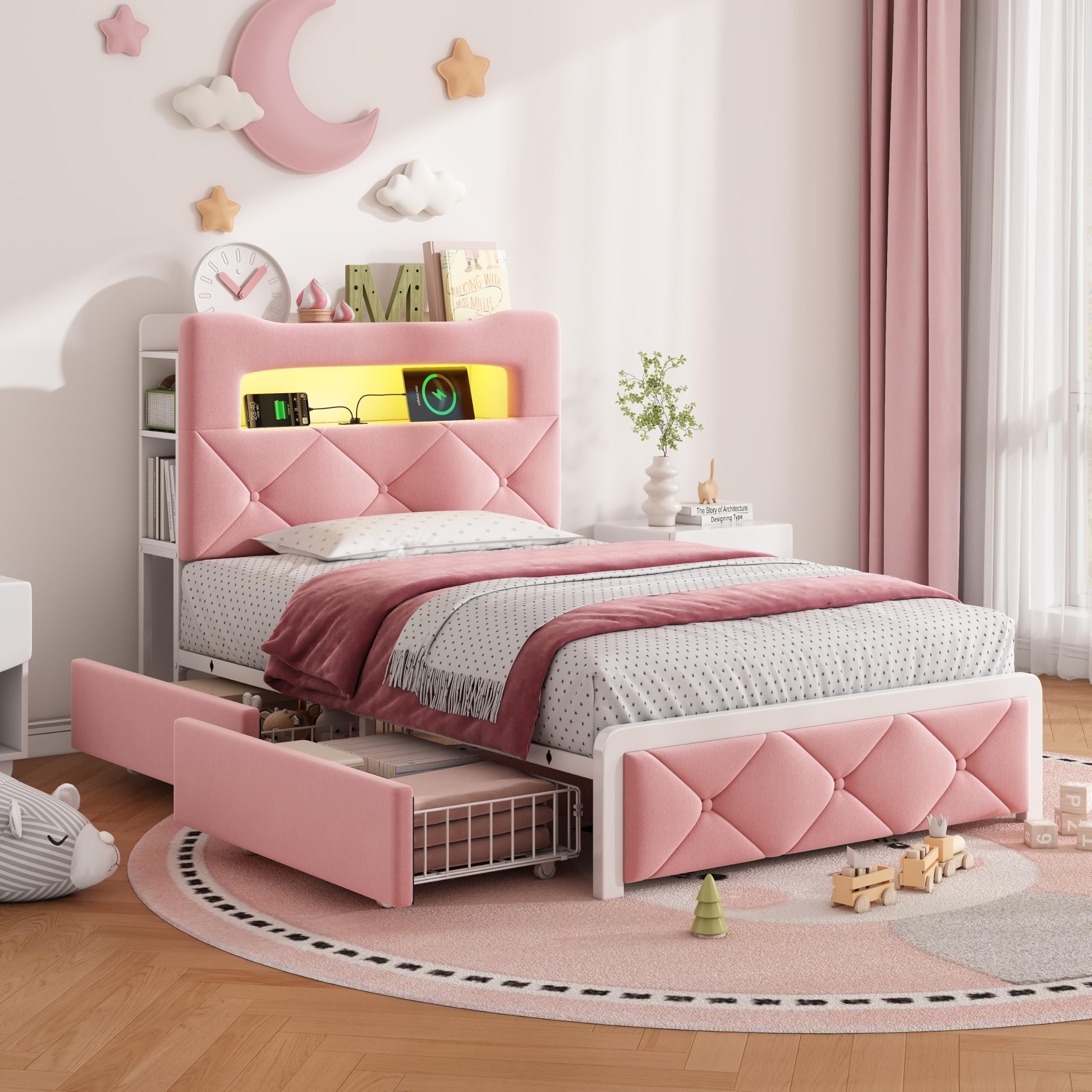 Merax 3ft Single Bed for Girls, Velvet Upholstered Kids Bed Frame with 2 Storage Drawers, Button Tufted Bedside Storage Headboard with RGB LED Lights and Charging Ports, Pink (No Mattress)
