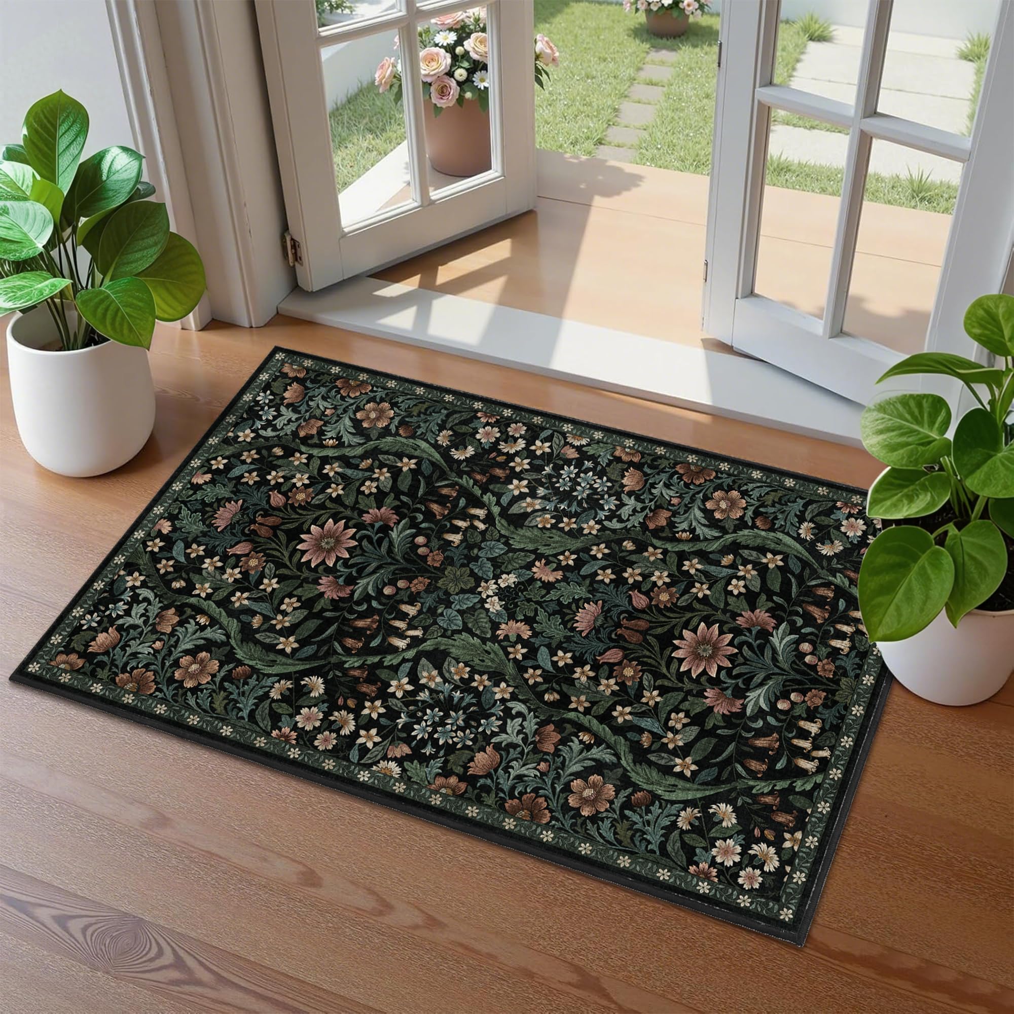 NakedCloud Floral 2x3 Entryway Rug,Washable Front Door Mat Indoor Non Slip Low Pile Small Carpet, Soft Black Boho Botanical Throw Rug for Bathroom Bedroom Kitchen Laundry Indoor Entrance — image 1