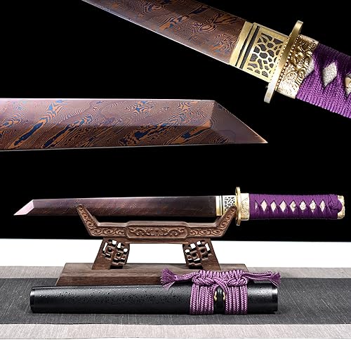 Miniatura 4 de Espada samurái de acero al carbono, espada pequeña japonesa Tanto espada pequeña Katana de espiga completa (morado)