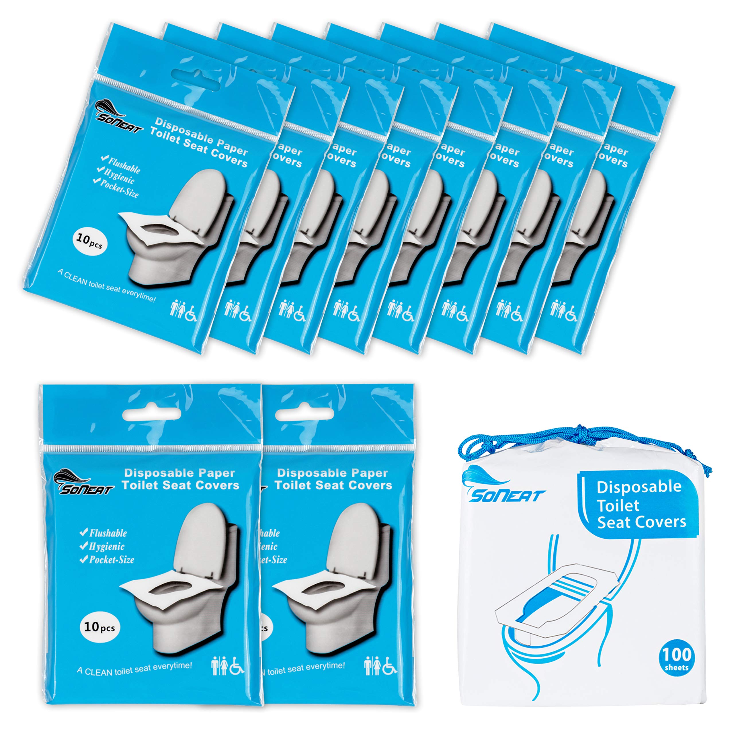 SoNeatdisposable toilet seat covers - 100 sheets of flushable toilet seat covers. 10 resealable packs of 10 toilet seat covers that serve as the perfect travel essential