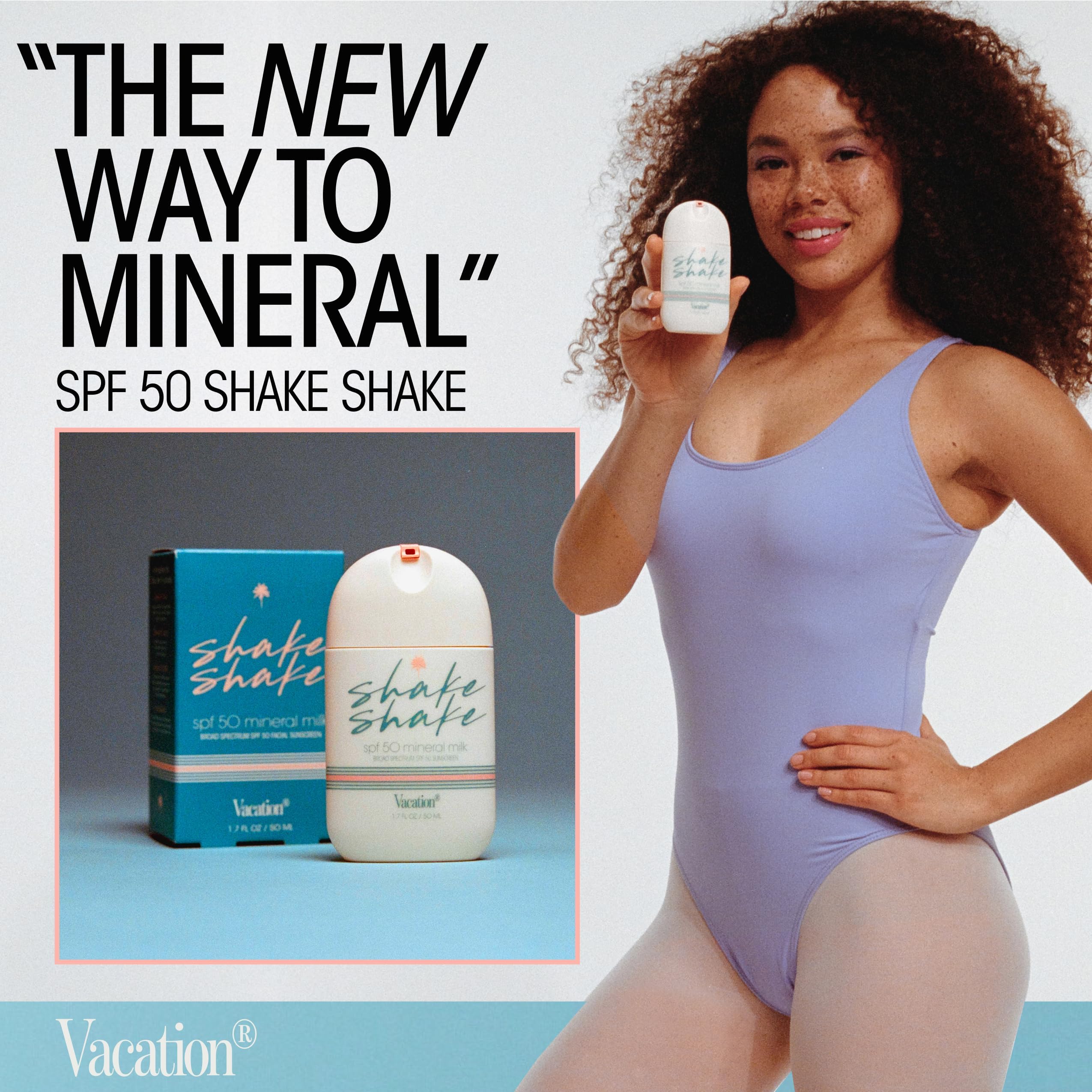 Vacation Shake Shake - Protector solar facial mineral SPF 50, 1.7 onzas líquidas | No nano óxido de zinc, no comedogénico, sin rayas, resistente al agua, amplio espectro, hidratante con SPF, vegano