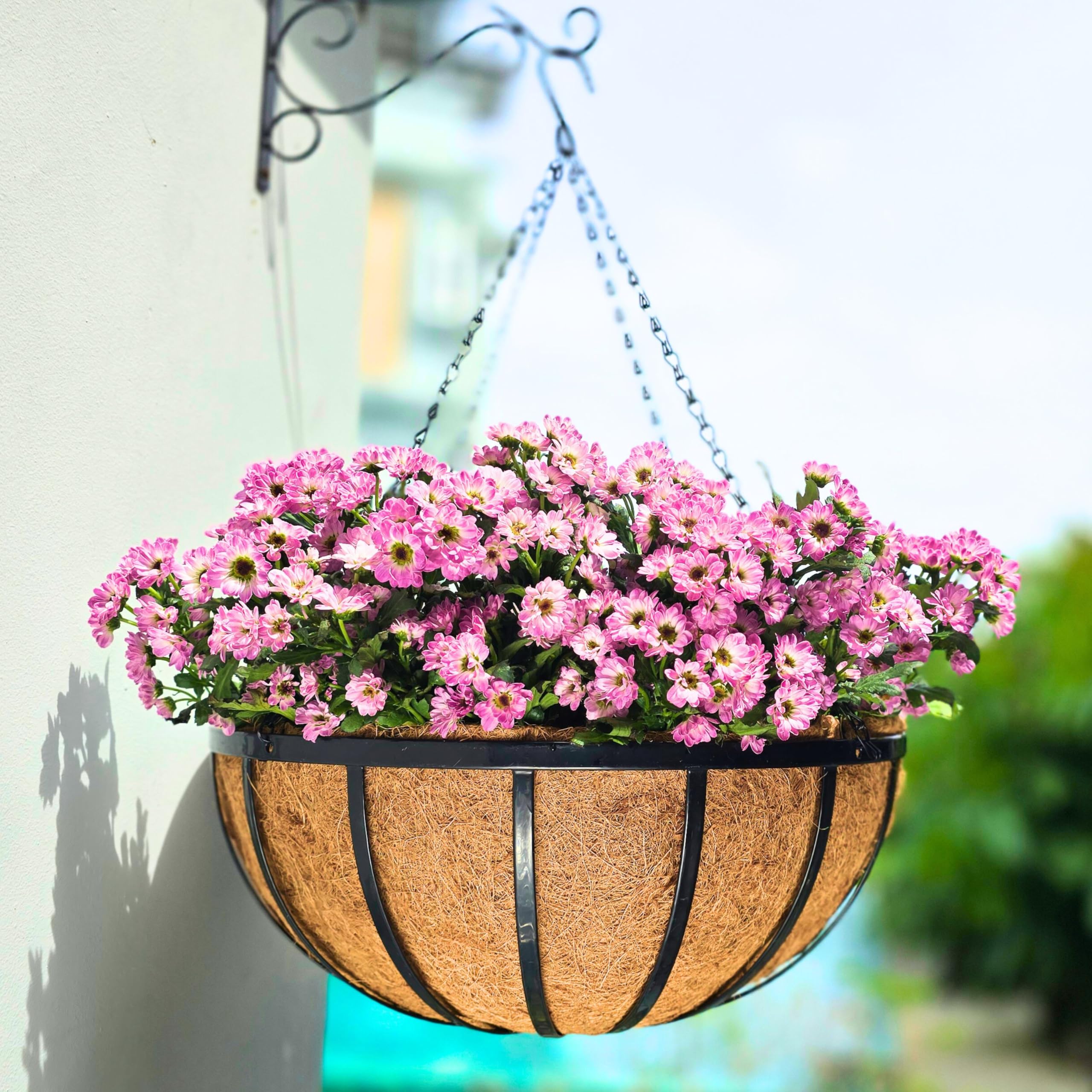 LaLaGreen Wiszące kosze na rośliny do użytku na zewnątrz (4 szt., 45 cm), bardzo duże, czarne, metalowe, płaskie, żelazne, wiszące doniczki z wkładką Coco, okrągły uchwyt na doniczkę, taras, weranda