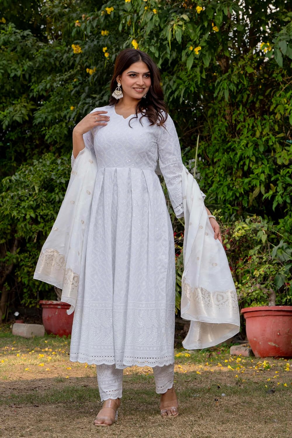Women’s Chikankari Anarkali Kurti Set – Cotton Hand Embroidered Pakistani Gown with Dupatta & Pants – Ethnic Dress