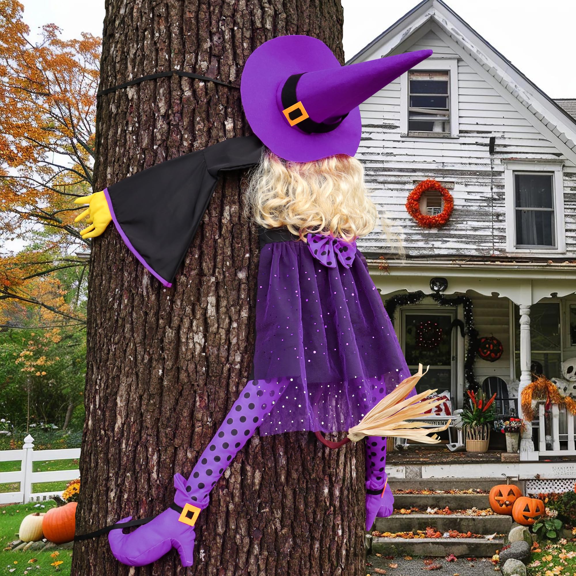 HOIIOH Purple Crashing Witch Halloween Garden Decoration with Broom, 135 cm