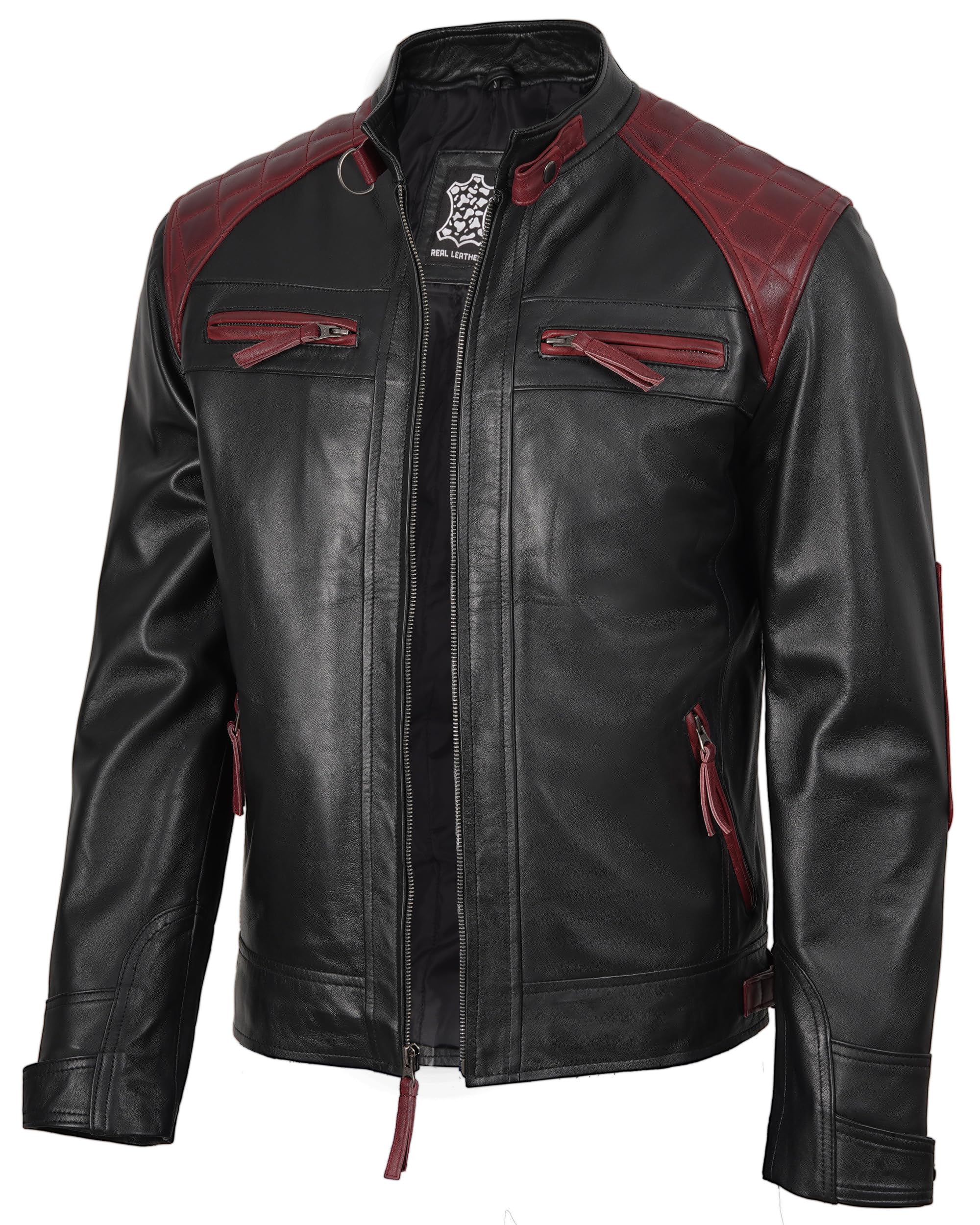 fjackets Mens Leather Jacket Moto Style Real Lambskin Leather Jacket, Quilted Cafe Racer Classic Zip Up Biker Jacket for Men