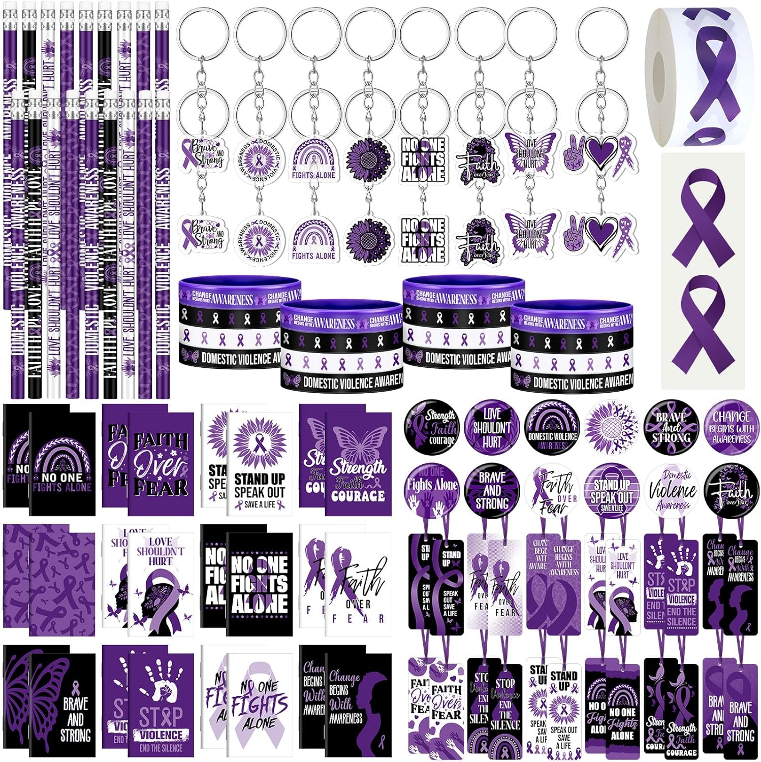 24 Sets Domestic Violence Awareness Supplies Bulk Include Purple Ribbon Rubber Bracelet Pin Notebook Bookmark Keychain Pencil Sticker for Women Men Domestic Violence Office Charity Event Supplies