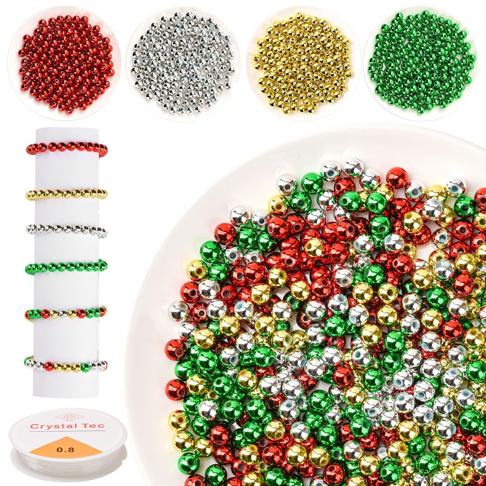 600 Pieces Christmas Beads, 8mm Assorted Round Metallic Red Green Gold Silver Christmas Beads with Elastic String for Home Decor Necklaces Bracelets Earrings DIY Crafts (Colorful)